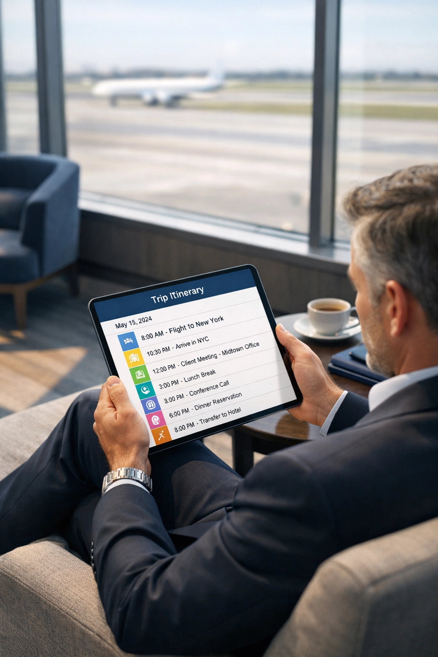Executive reviewing a digital travel itinerary in a luxury airport lounge before the Super Bowl.