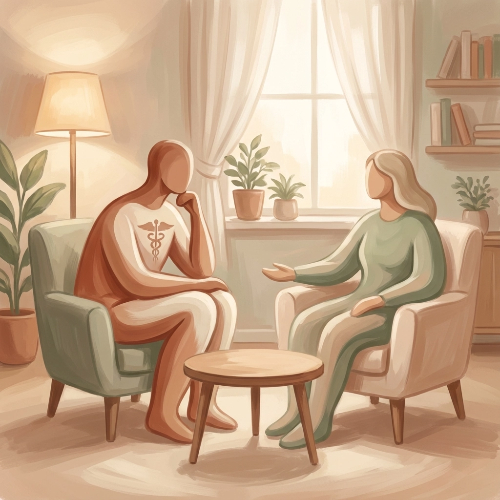Two faceless figures in a cozy room, one with a caduceus symbol listens, the other gestures. Warm tones, plants, books, lamp behind.