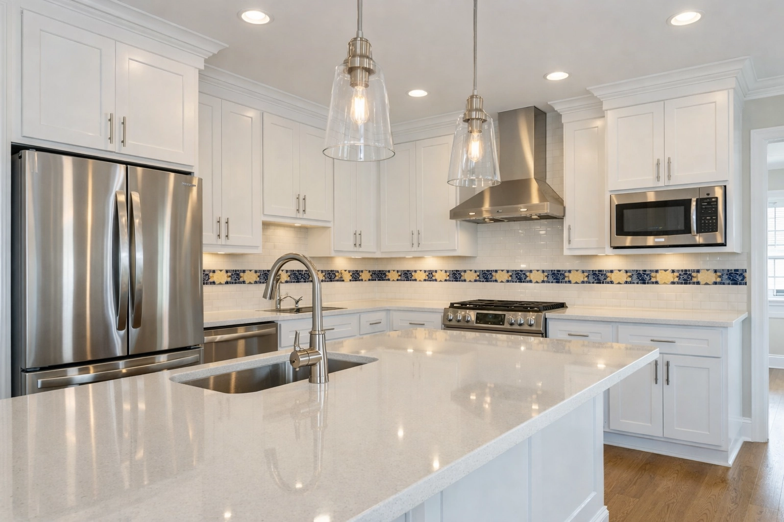 Immaculate white kitchen with sparkling countertops after a move-in house cleaning in Townsend MA.