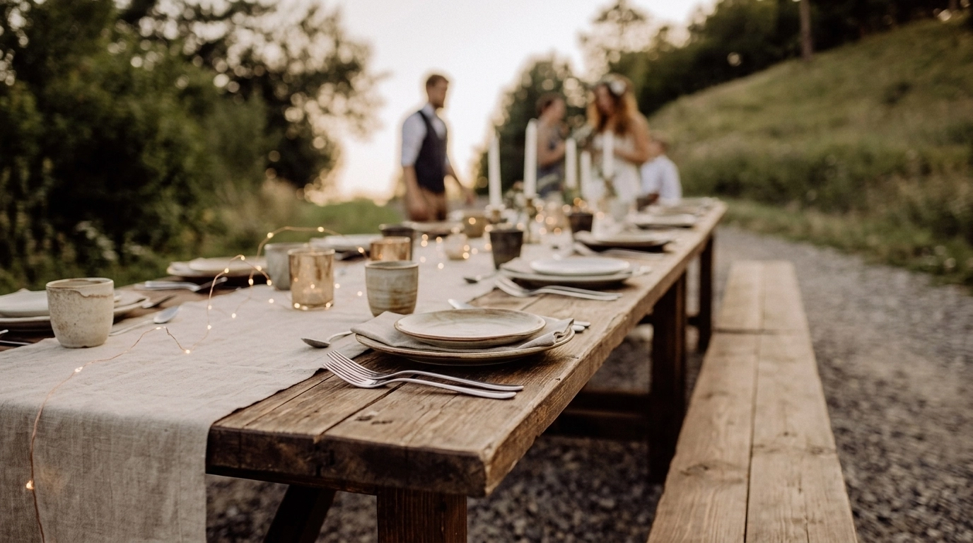 A beautifully set rustic wedding banquet table under golden hour light
