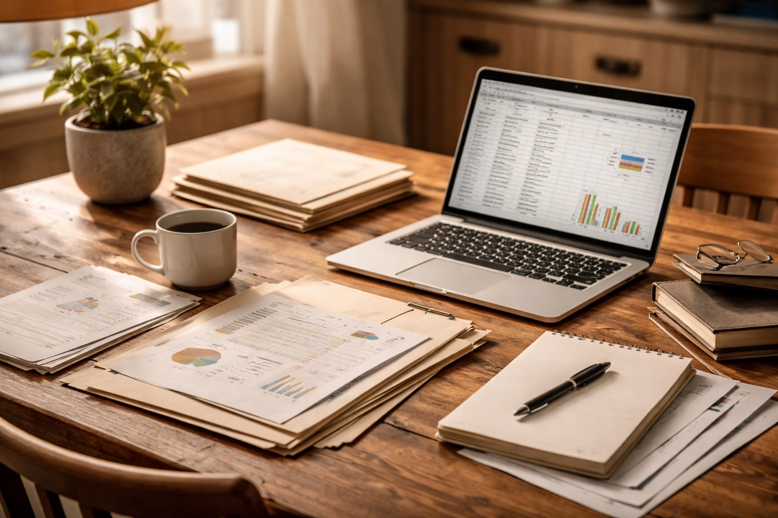 Organized paperwork, coffee, and a laptop on a kitchen table, symbolizing survivor financial planning steps.