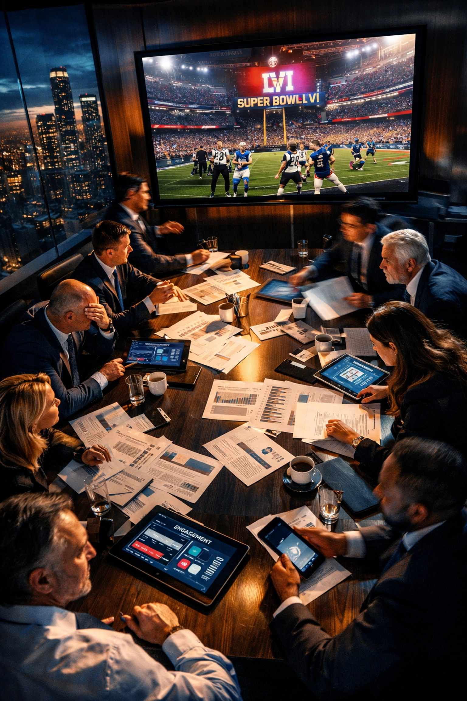 Fortune 1000 executives reviewing Super Bowl marketing strategy in corporate boardroom