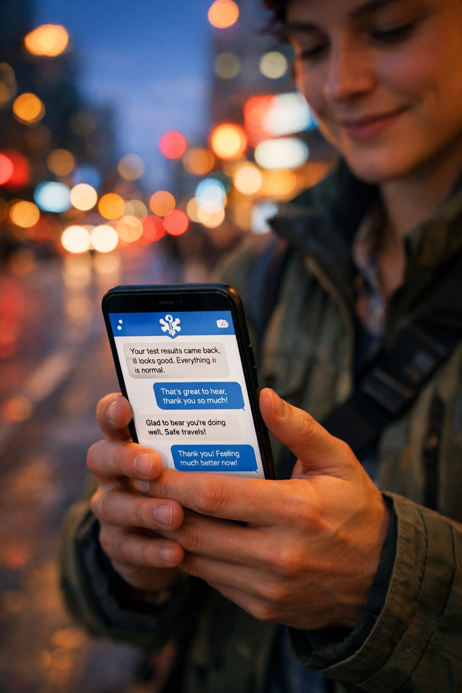 Traveler using 24/7 text-based telehealth on a smartphone to consult a doctor while navigating a new city.