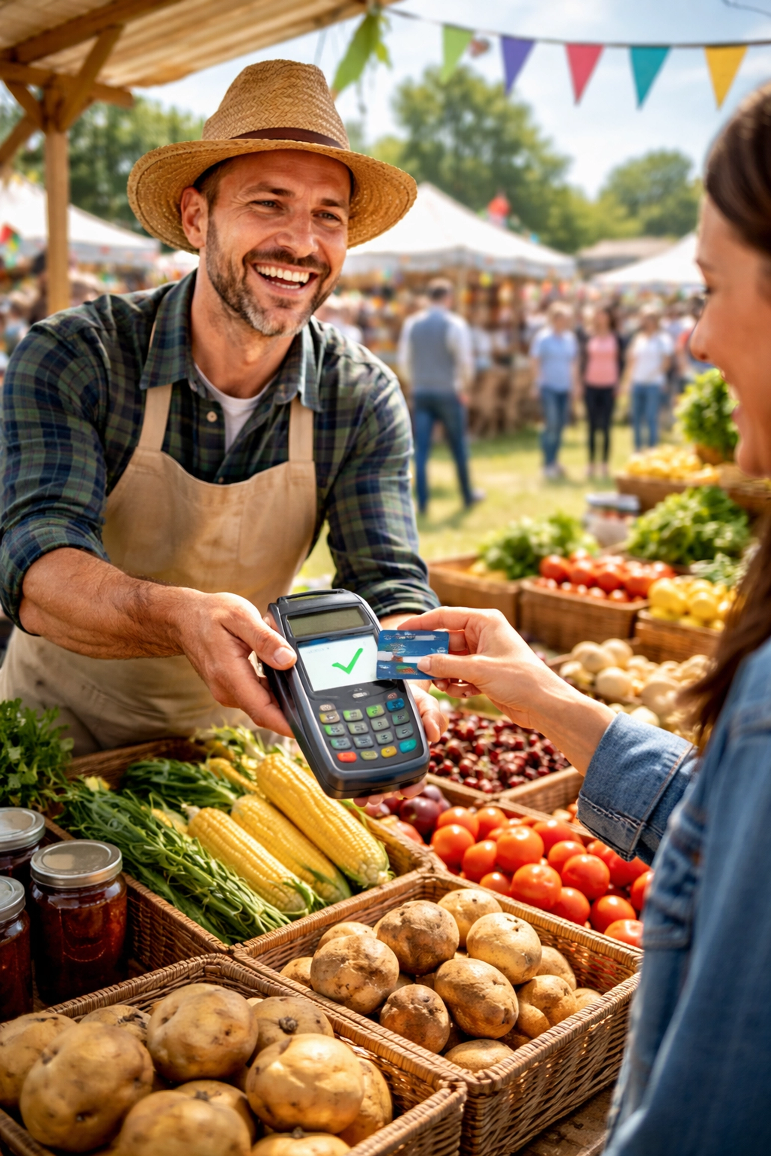 Smiling vendor at a busy agricultural show completing a contactless card payment over reliable event WiFi