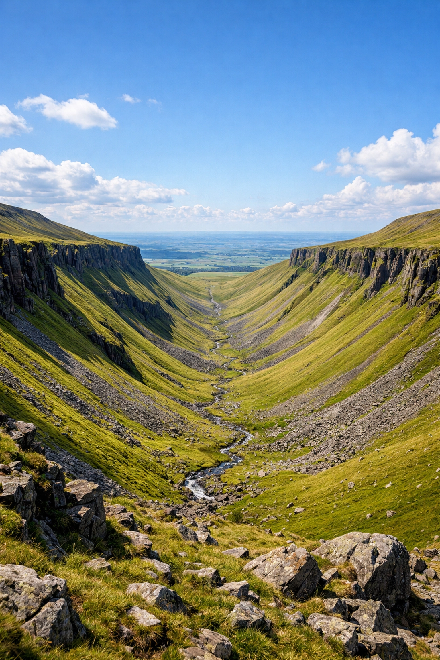The dramatic U-shaped glacial valley of High Cup Nick along the Pennine Way hiking trail.
