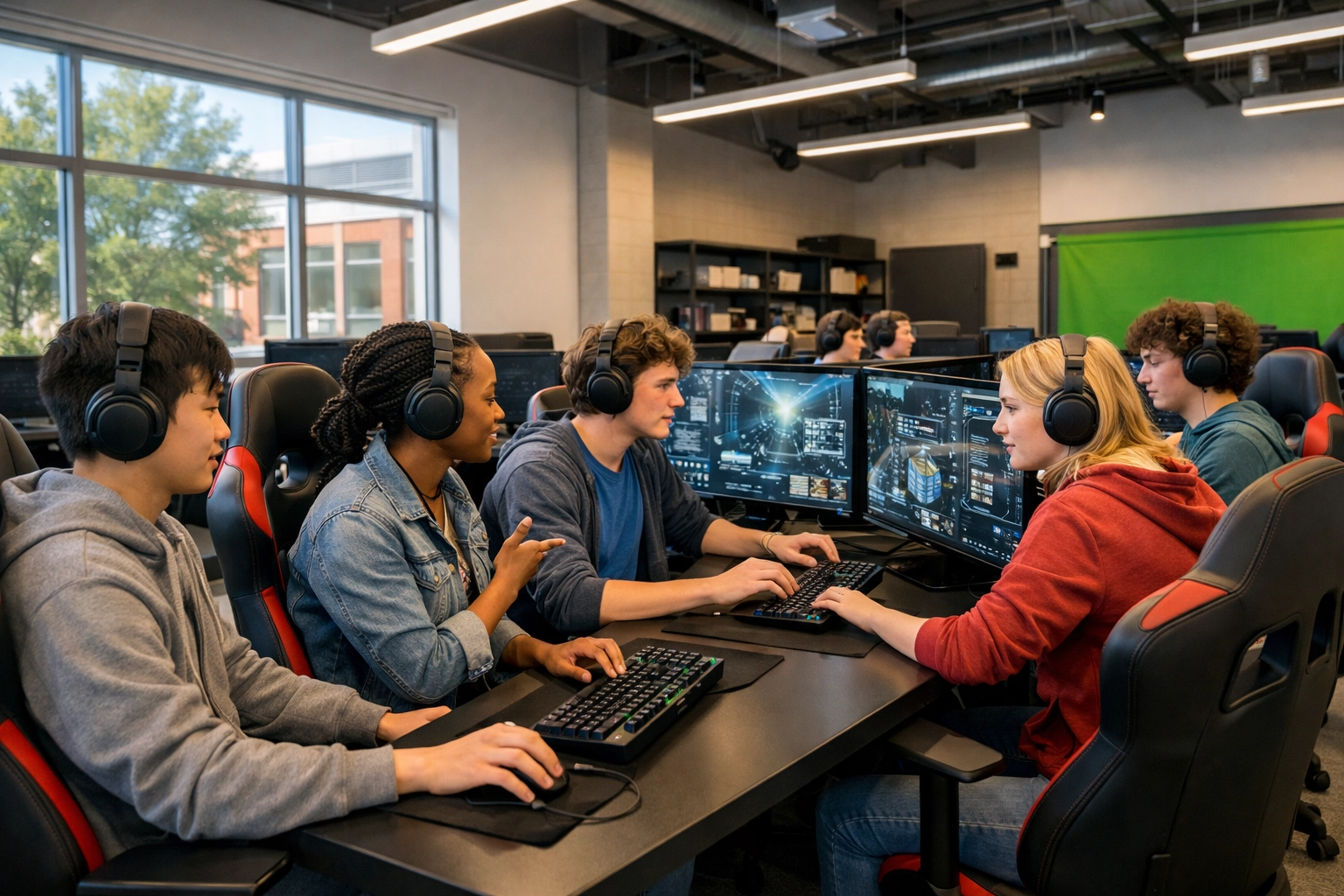 High school students using professional esports pods for educational simulation and skill development in a modern lab.