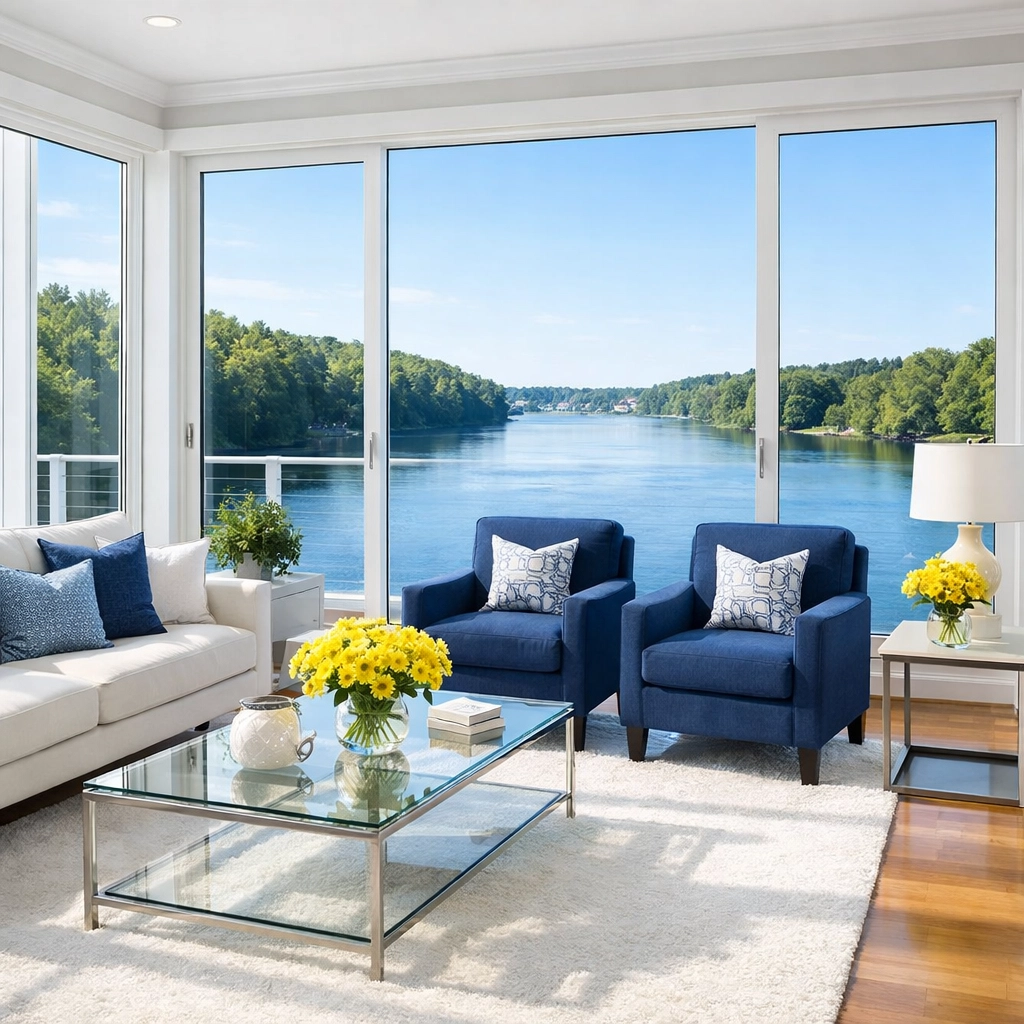 Sanitized living room with a Merrimack River view showcasing expert house cleaning in Lowell MA.