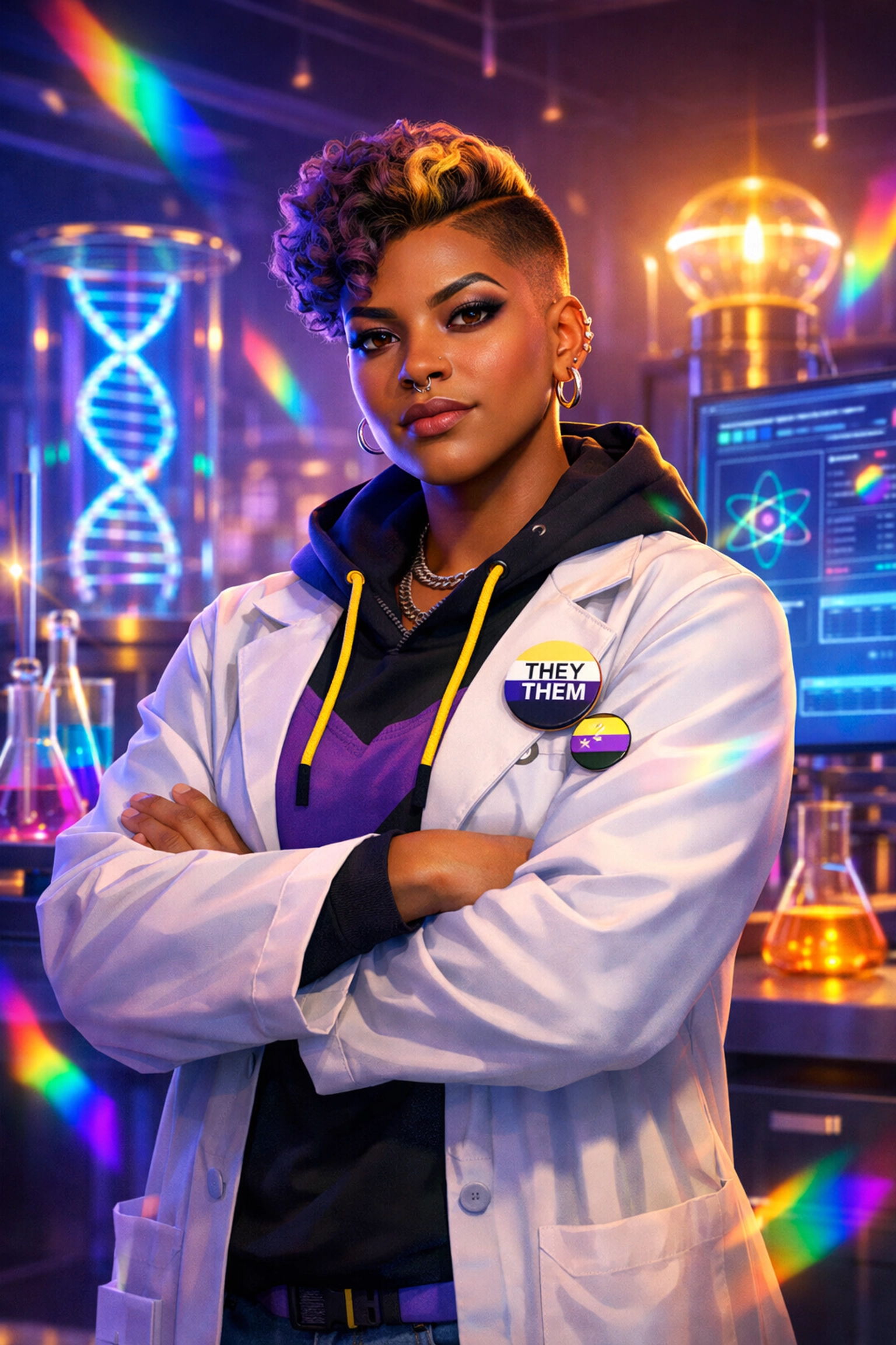 Non-binary person of color in STEM lab wearing pronoun pins demonstrating gender diversity