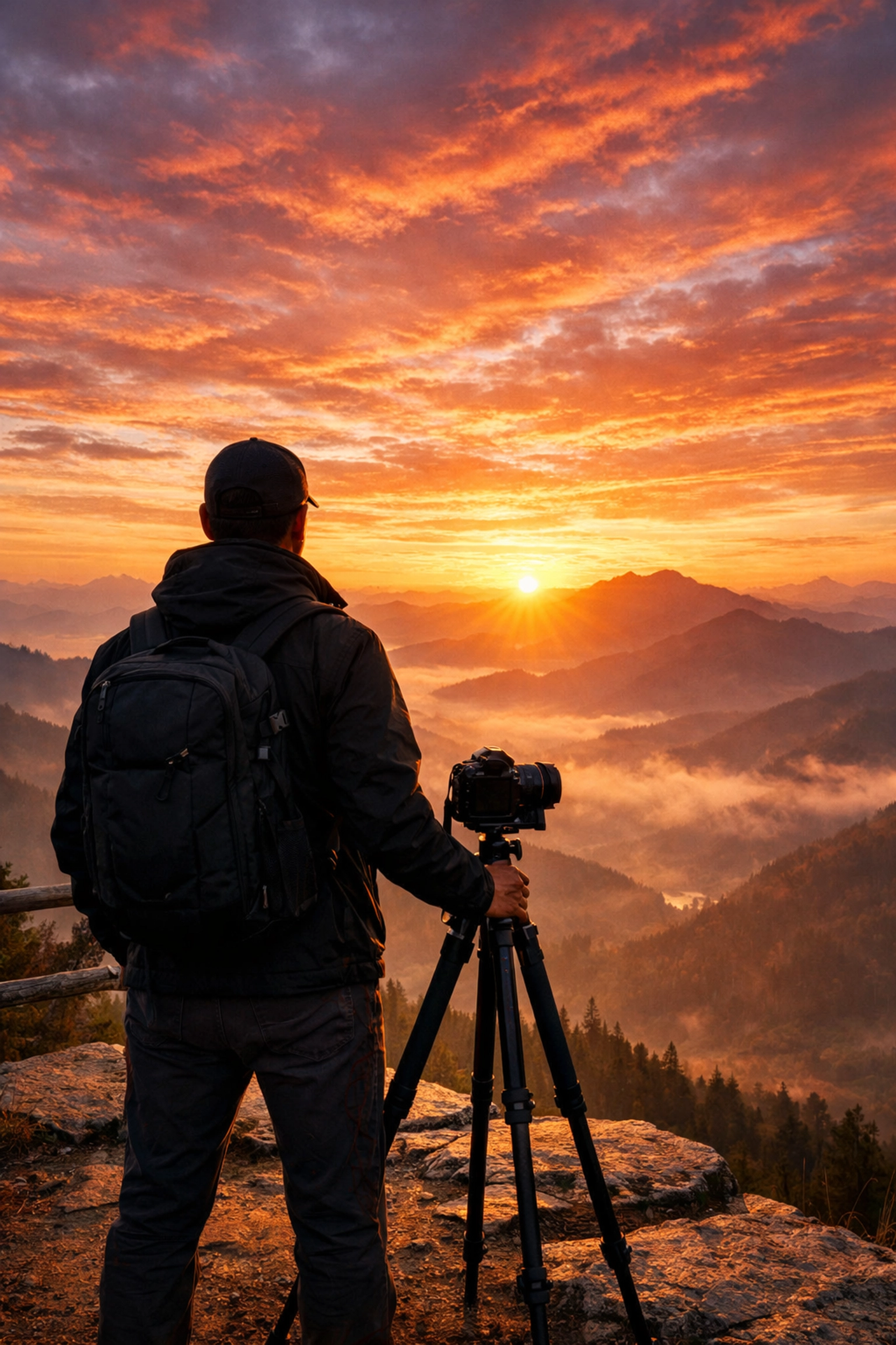 Professional photographer at a scenic mountain overlook capturing sunrise at a top photo spot.