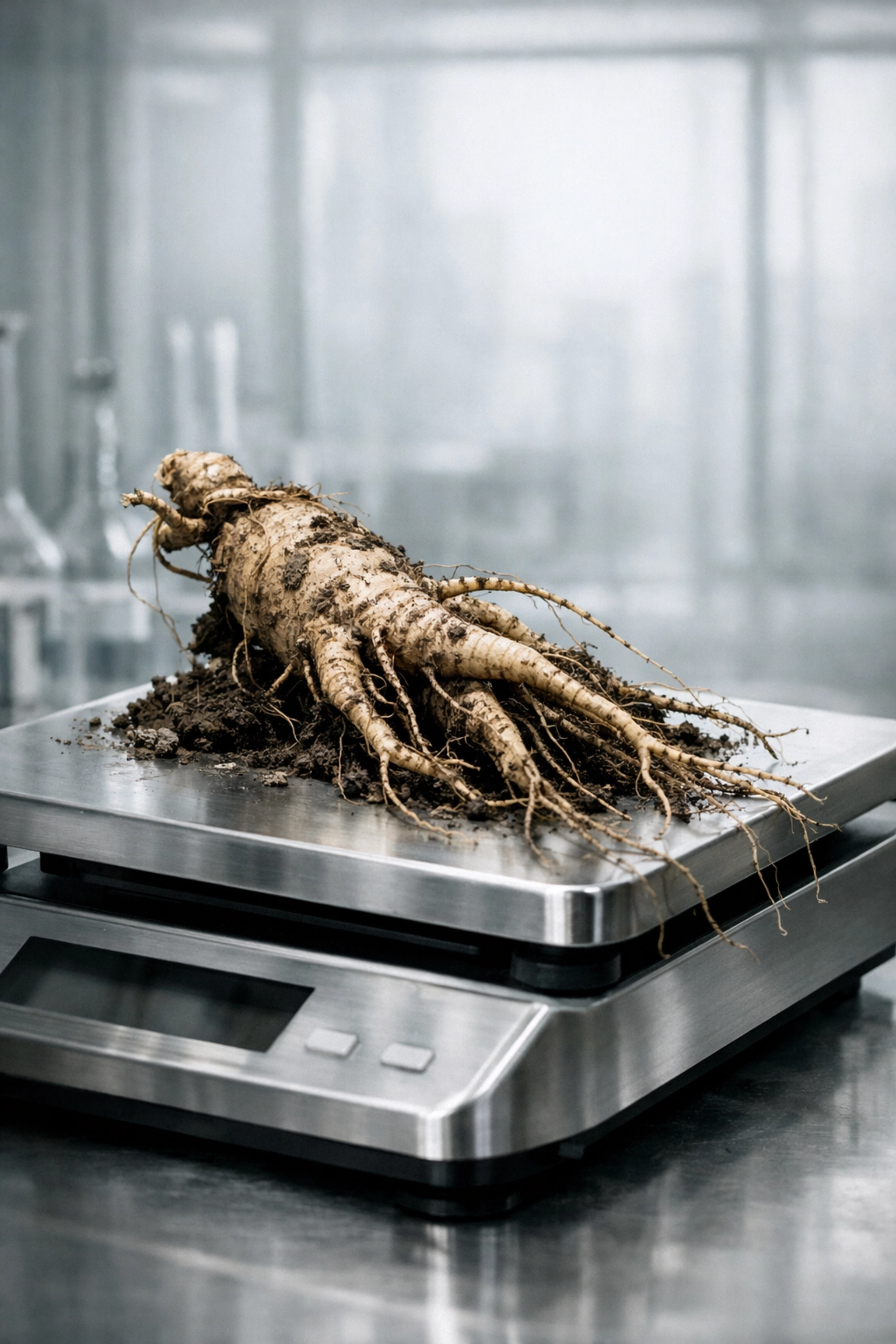 Raw Korean Panax Ginseng root on a laboratory scale illustrating Hanbang sourcing for U.S. skincare brands.