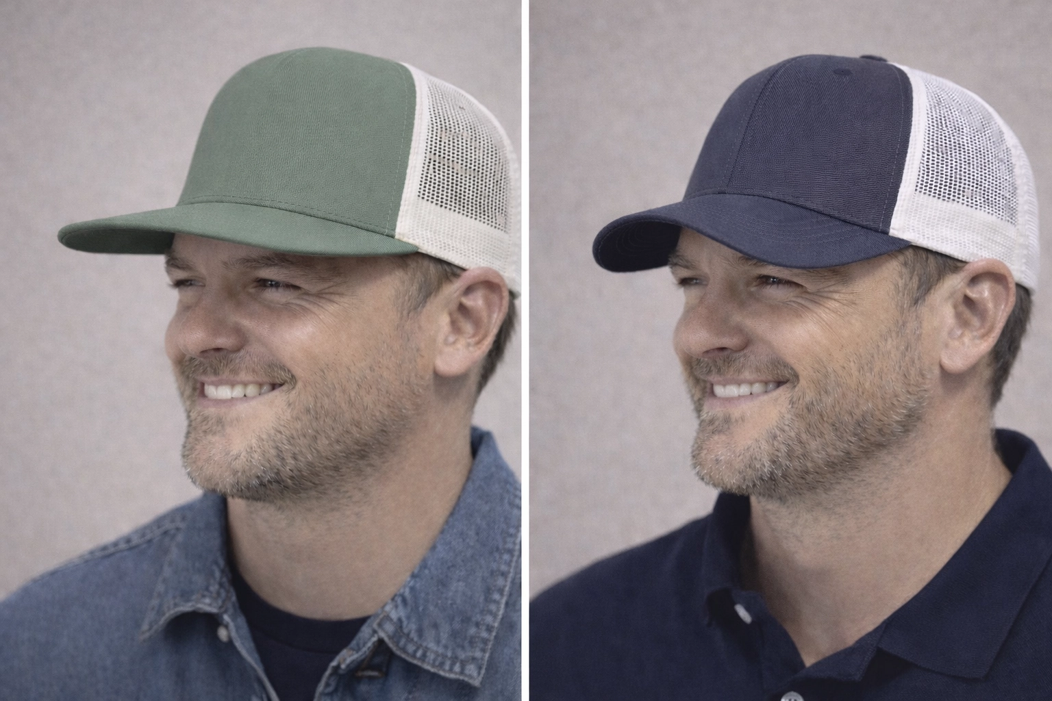 Richardson 112 vs 113 comparison for different industries and brand personalities showing the 113 as a 5-panel high-profile Foamie with a strictly flat bill and the 112 as a 6-panel mid-profile trucker with a curved bill