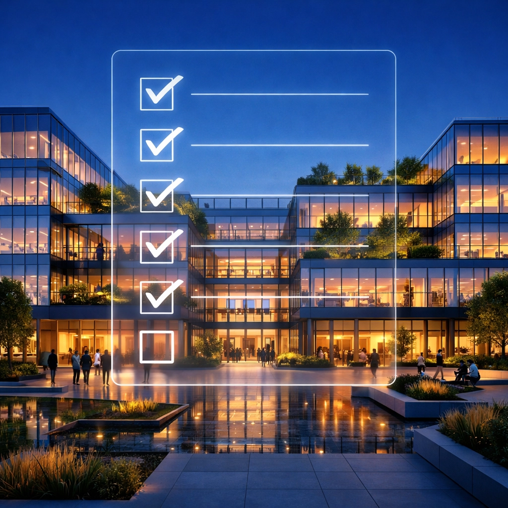 Modern commercial building expansion with a checklist for successful business growth strategy.