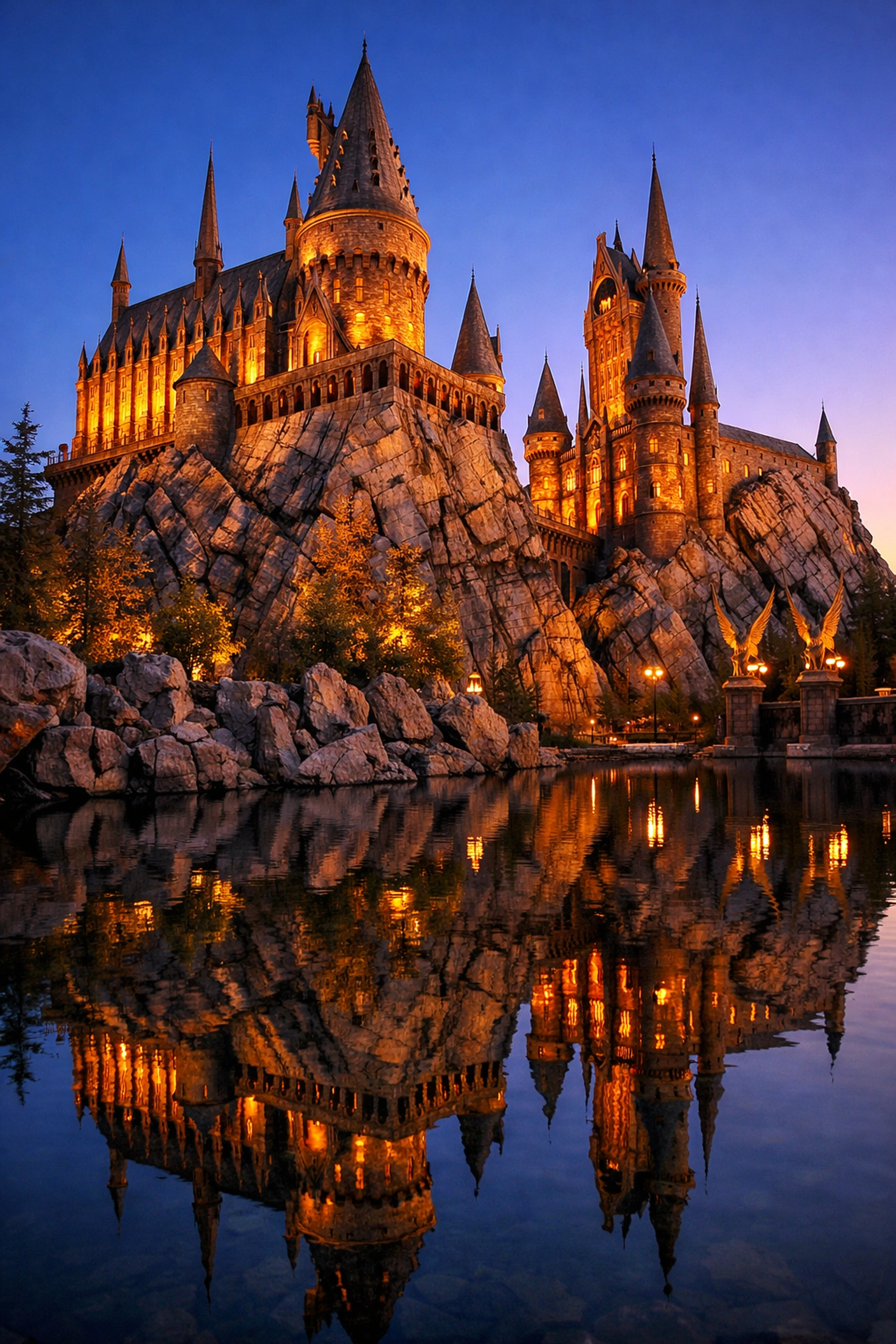 Hogwarts Castle reflected in the water at sunset, one of the best photography locations in the park.