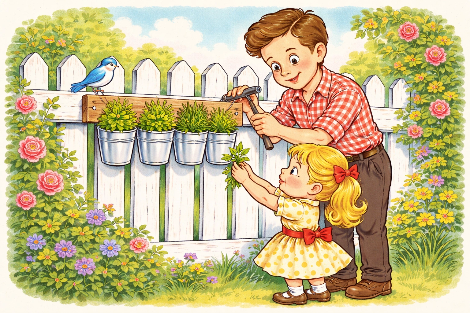 Father and daughter hanging homemade tin pot herb garden on a fence as a simple DIY family gardening activity