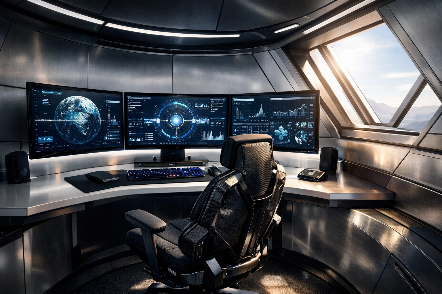 Advanced career training pod interior featuring high-end hardware and triple monitors for cybersecurity.