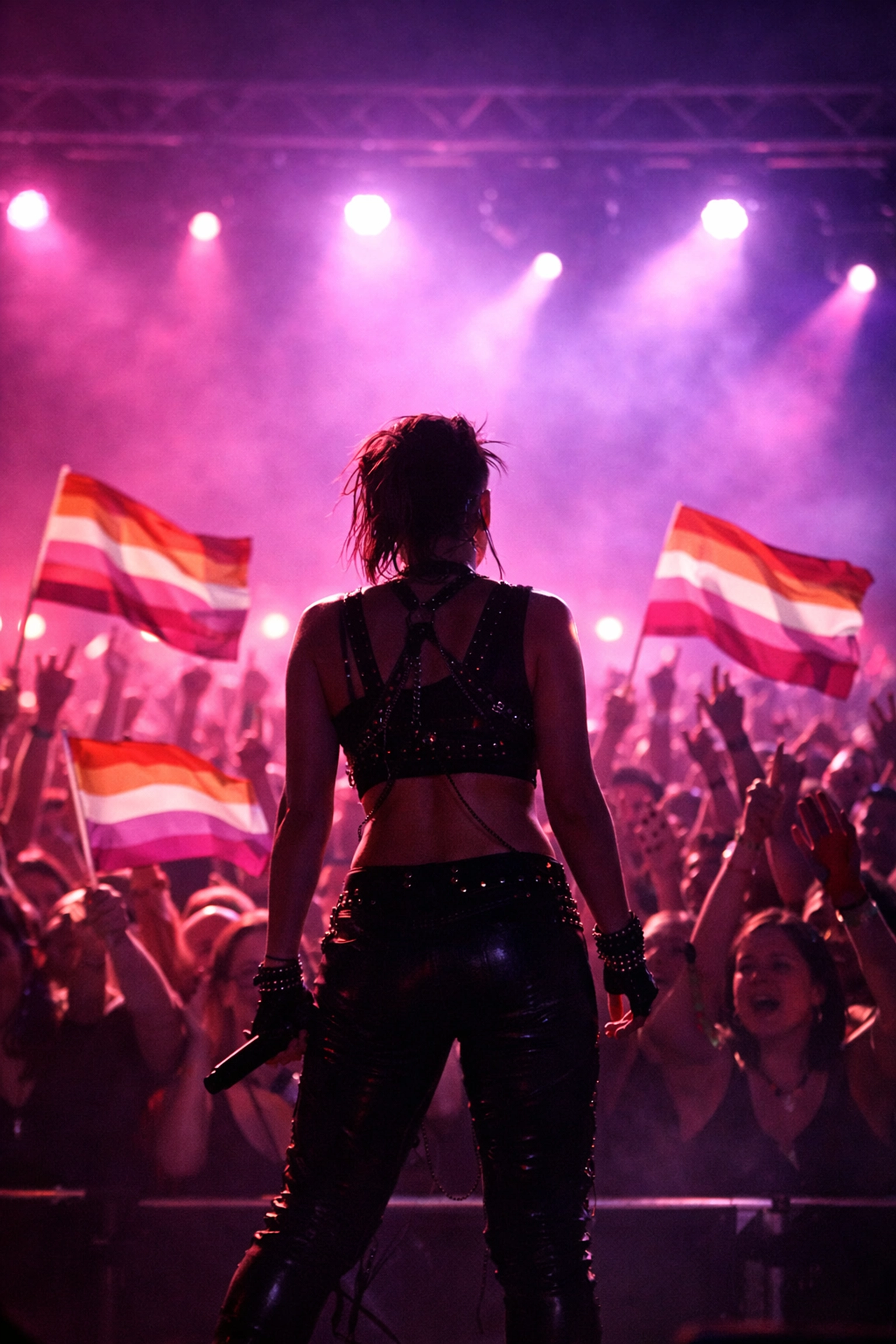 A queer musician performing at The Dinah music festival with fans waving pride flags under stage lights.