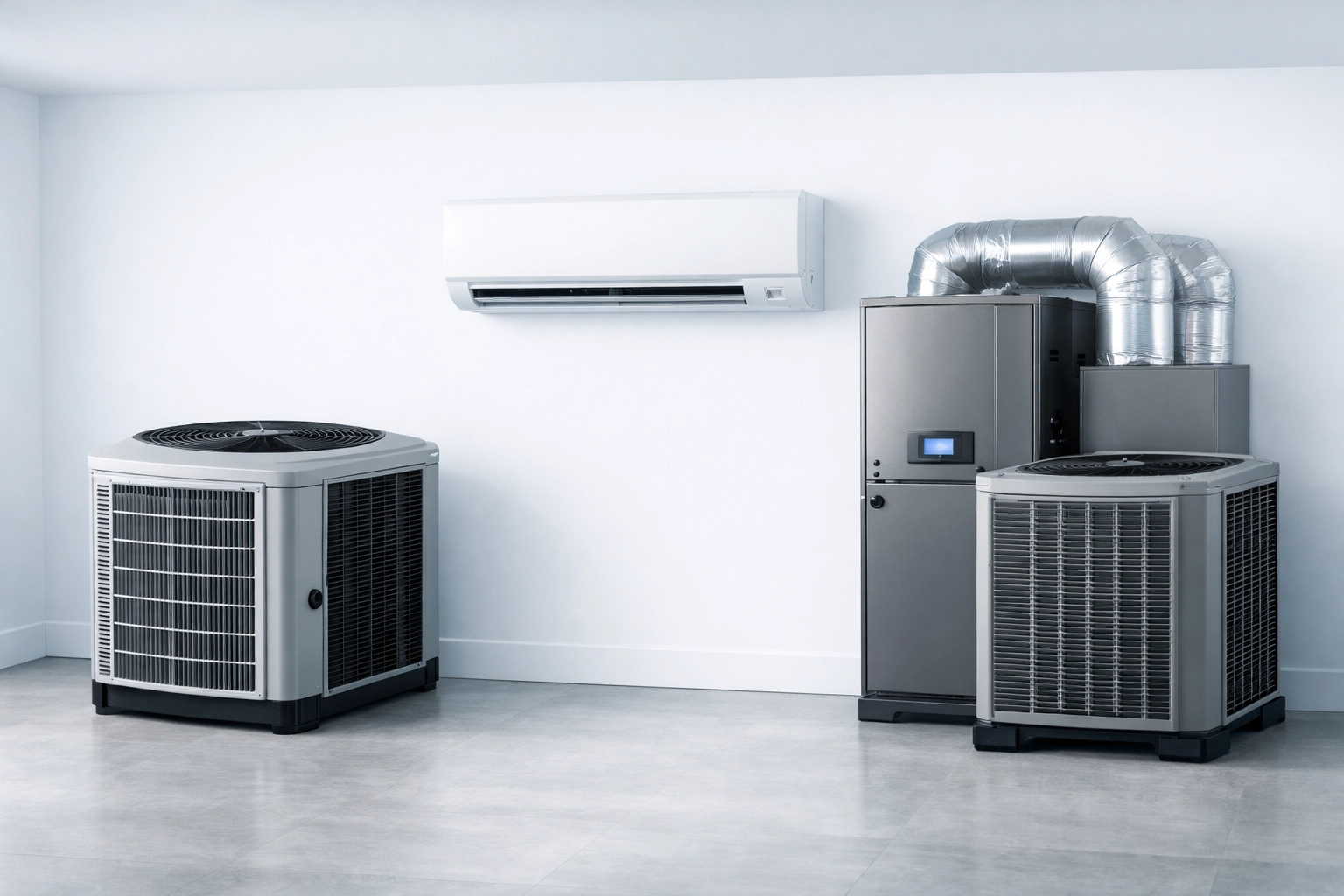 Three types of residential AC systems: central air, ductless mini-split, and heat pump