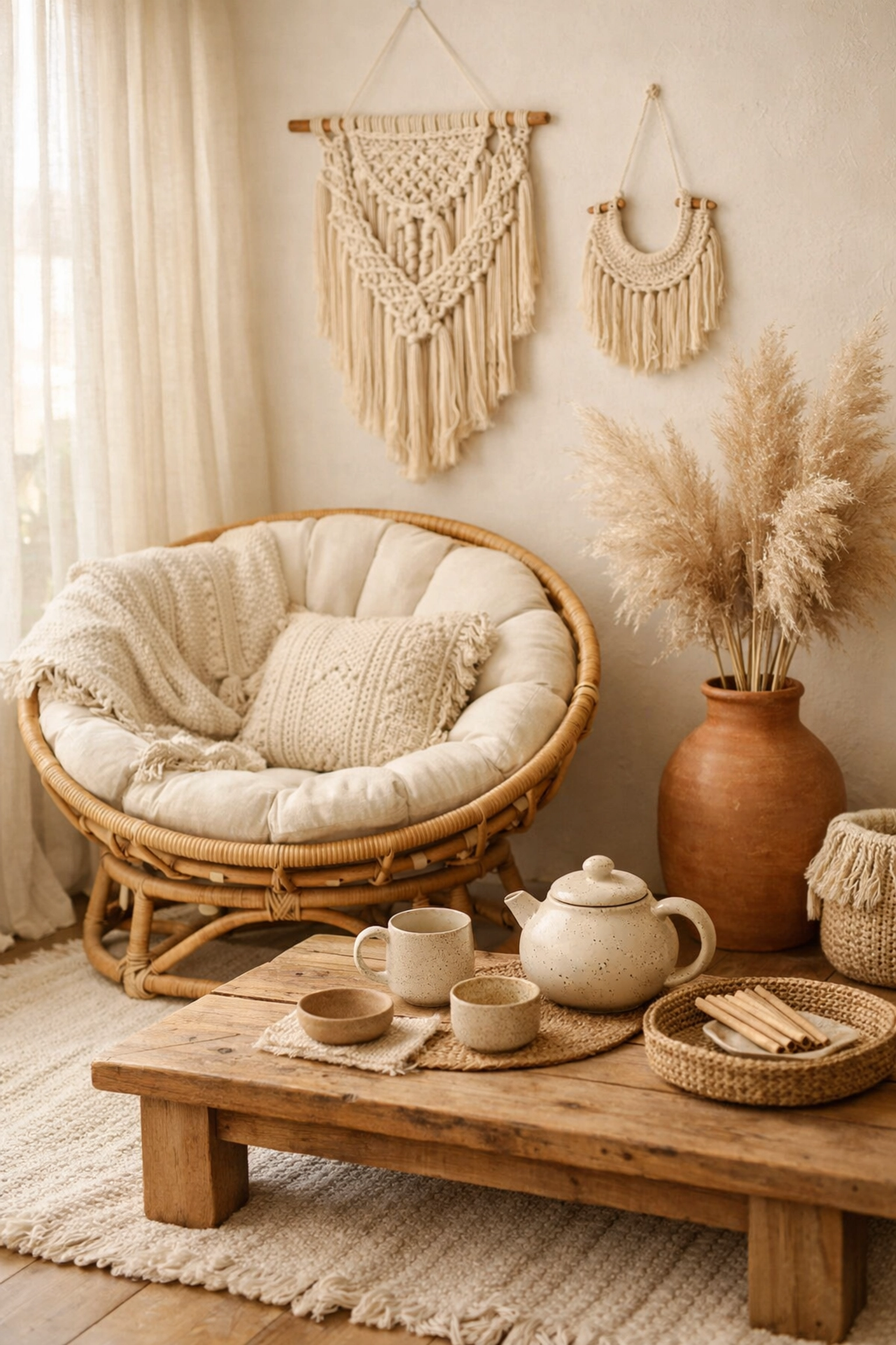 Boho living room with Cloud Dancer neutral tones, rattan furniture, and handcrafted decor