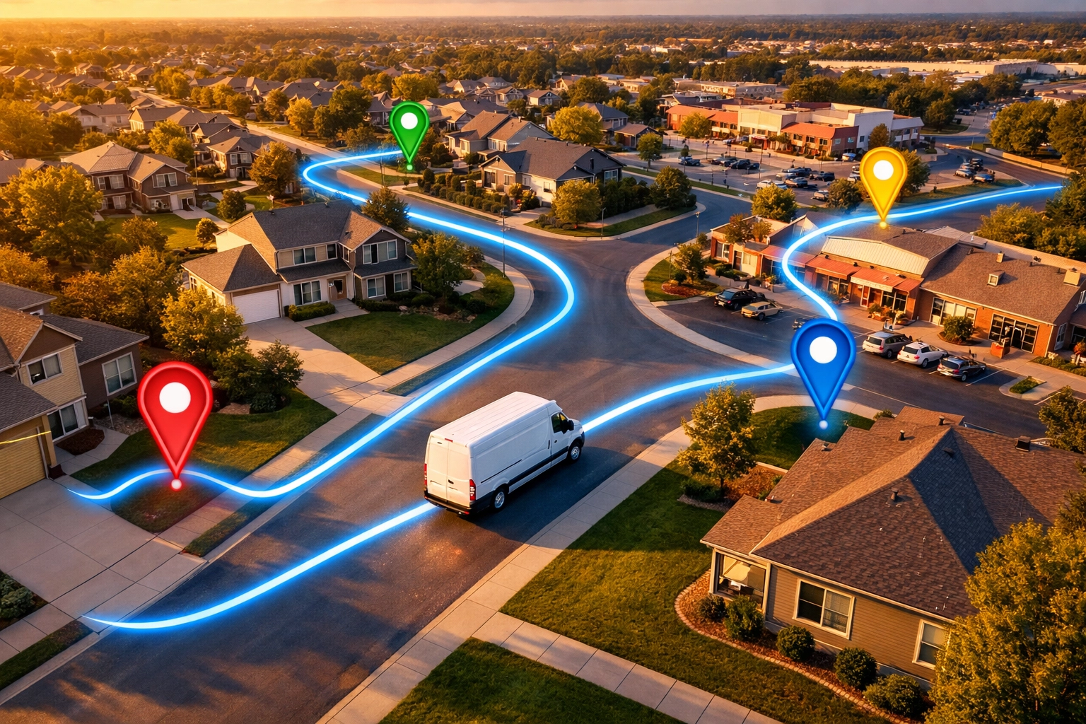 Aerial view of delivery van following optimized route with multiple stops in suburban neighborhood