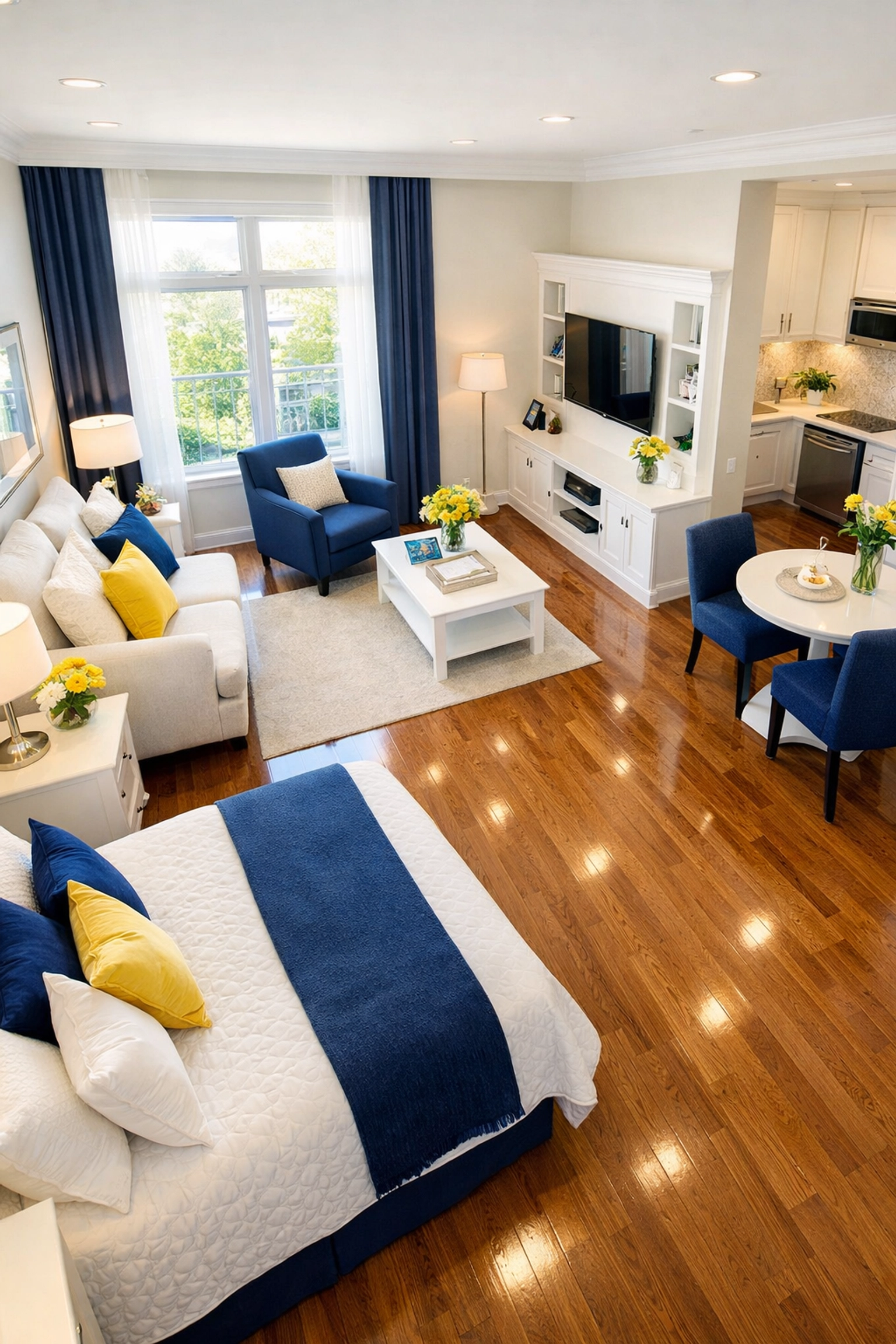 Pristine senior living suite with polished floors and fresh air quality after professional cleaning services.