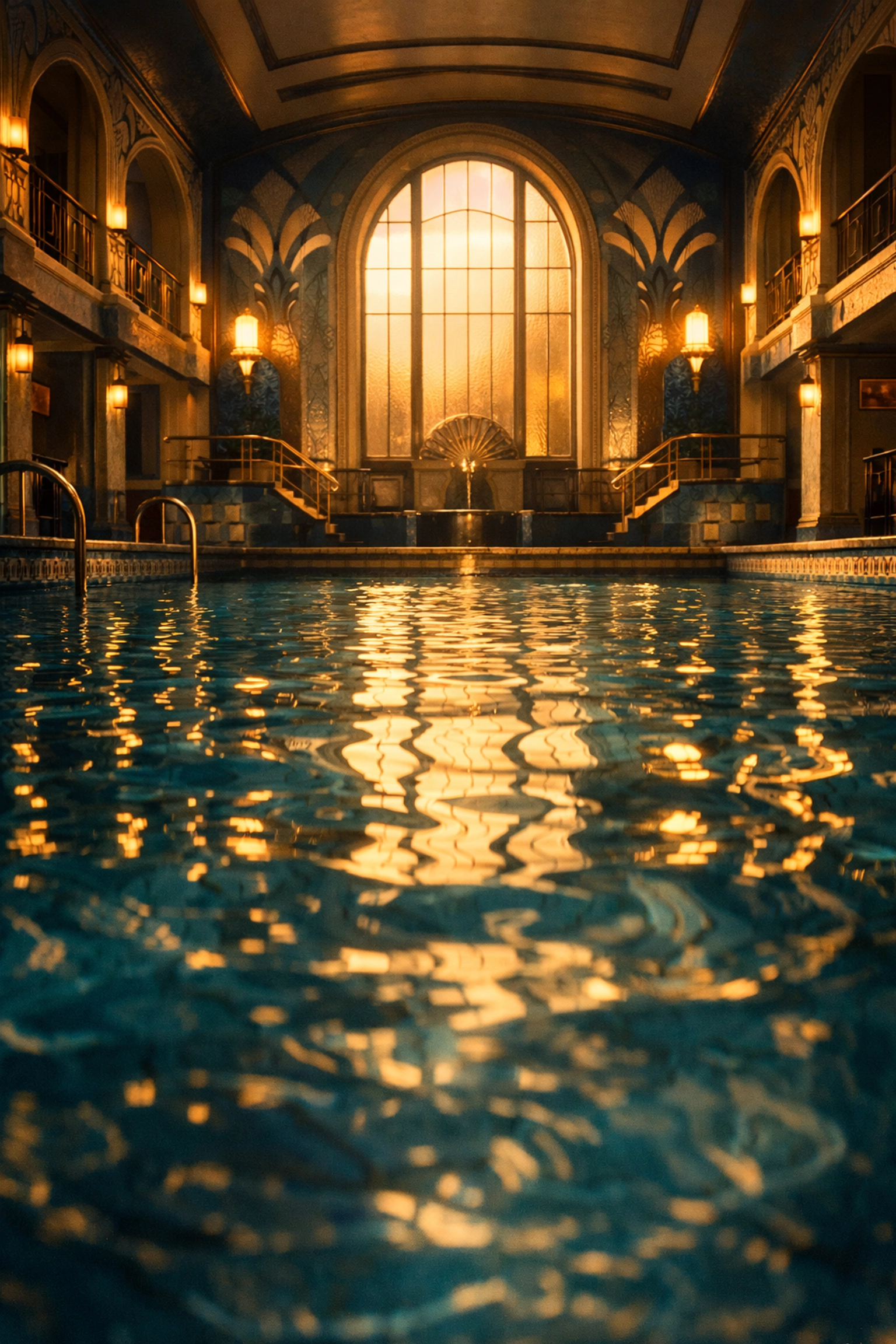 Empty Art Deco swimming pool in Paris at dawn for gay romance story