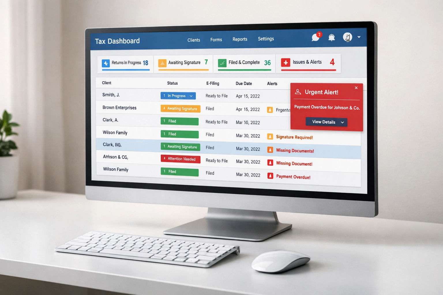 Tax software dashboard showing e-file status monitoring and rejection management system