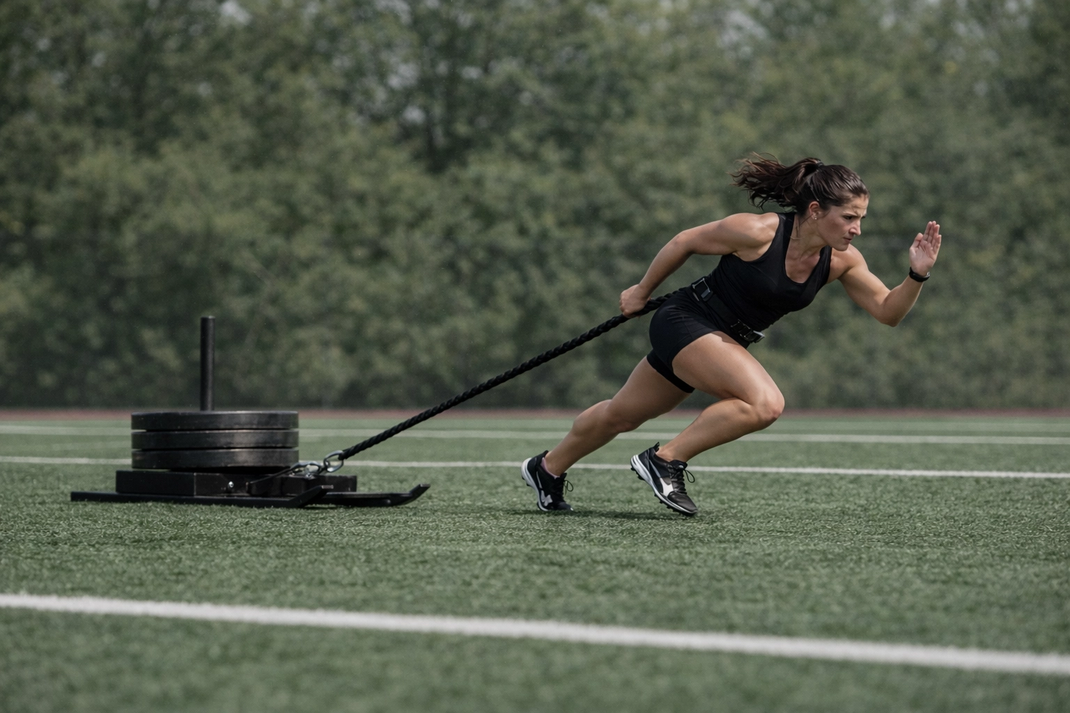 Female athlete pulling a training sled on a turf field while a coach observes and gives cues