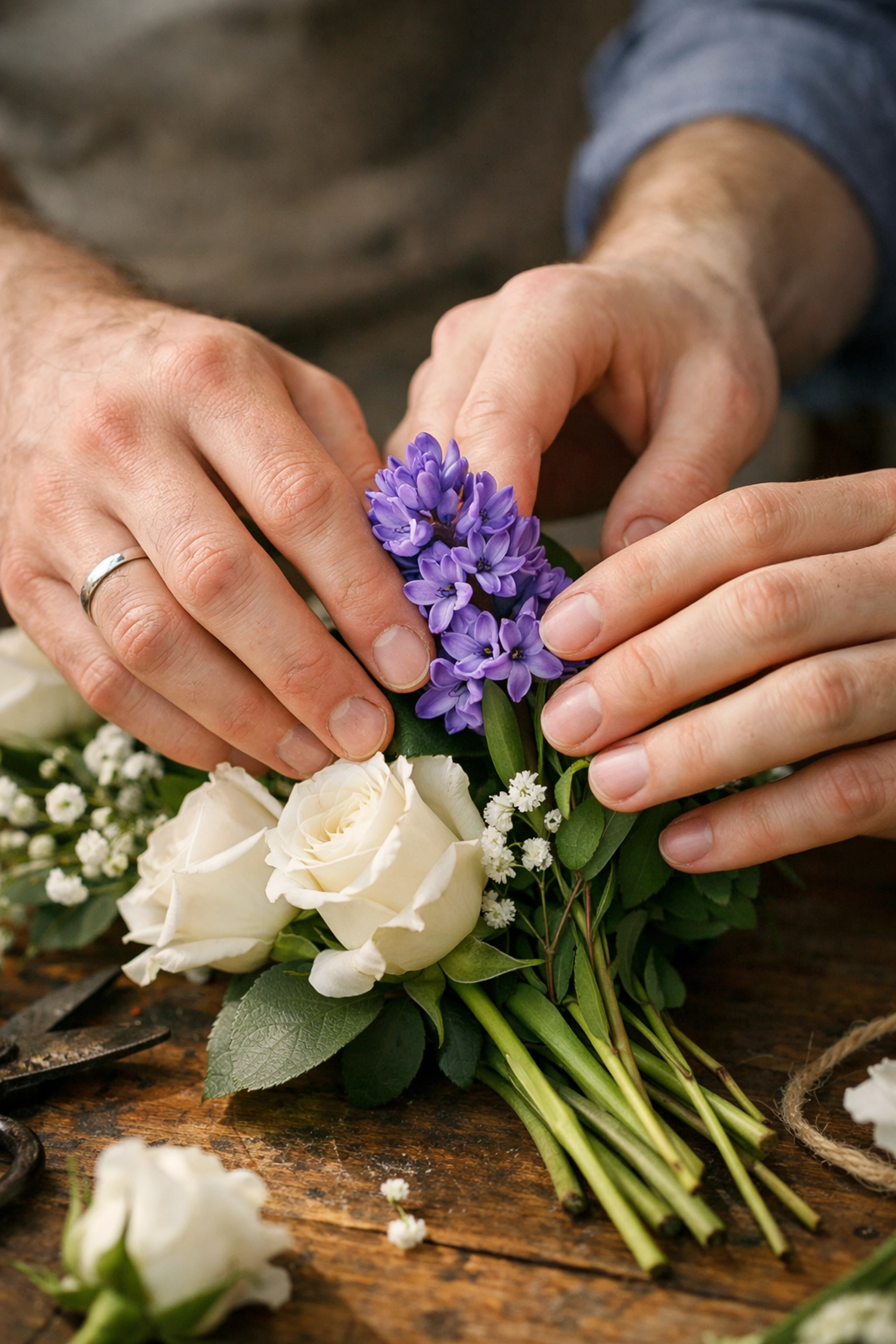 Hands of gay florists arranging purple hyacinth and roses with secret meaning