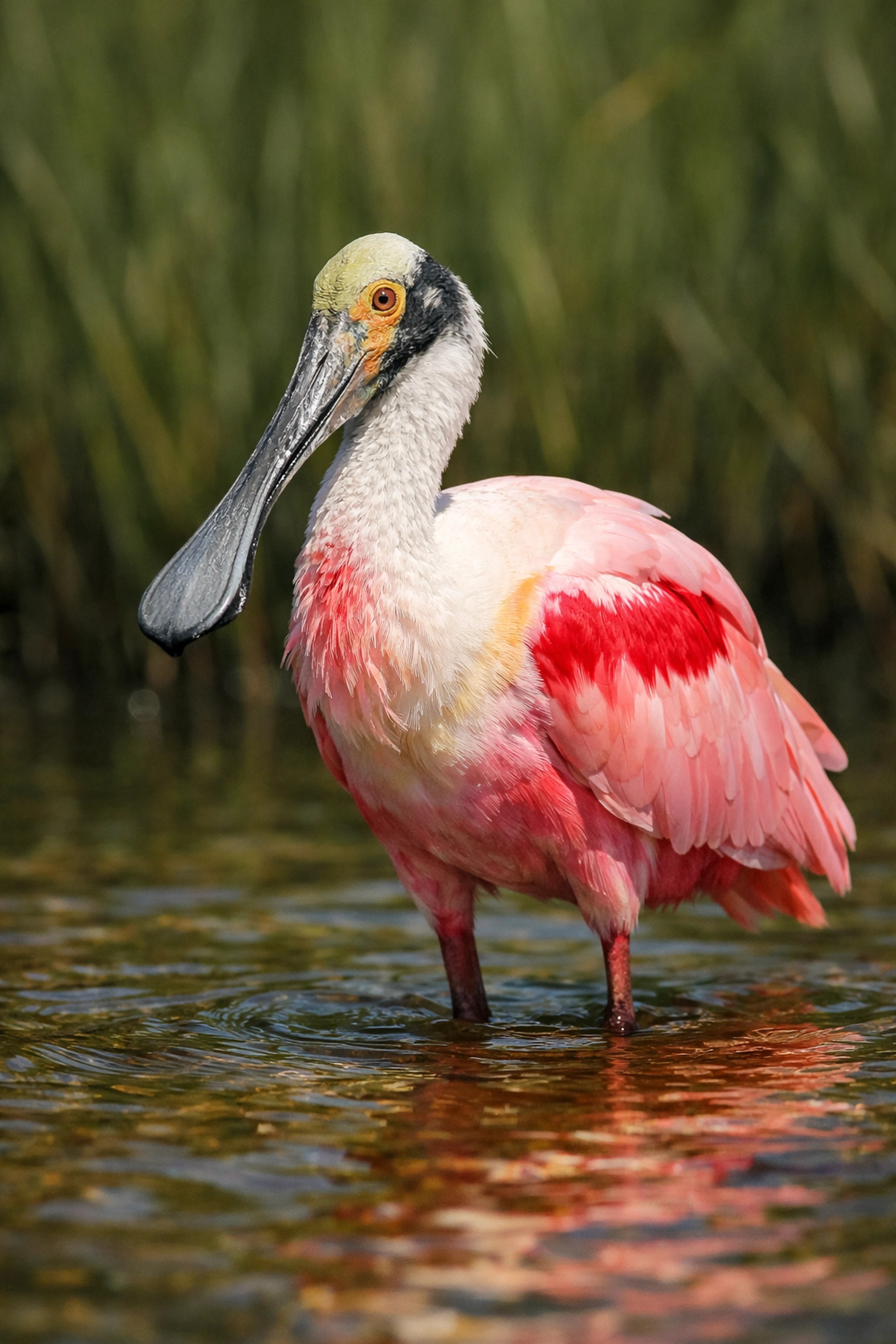 Roseate Spoonbill in shallow water, a popular subject for Everglades wildlife photography.