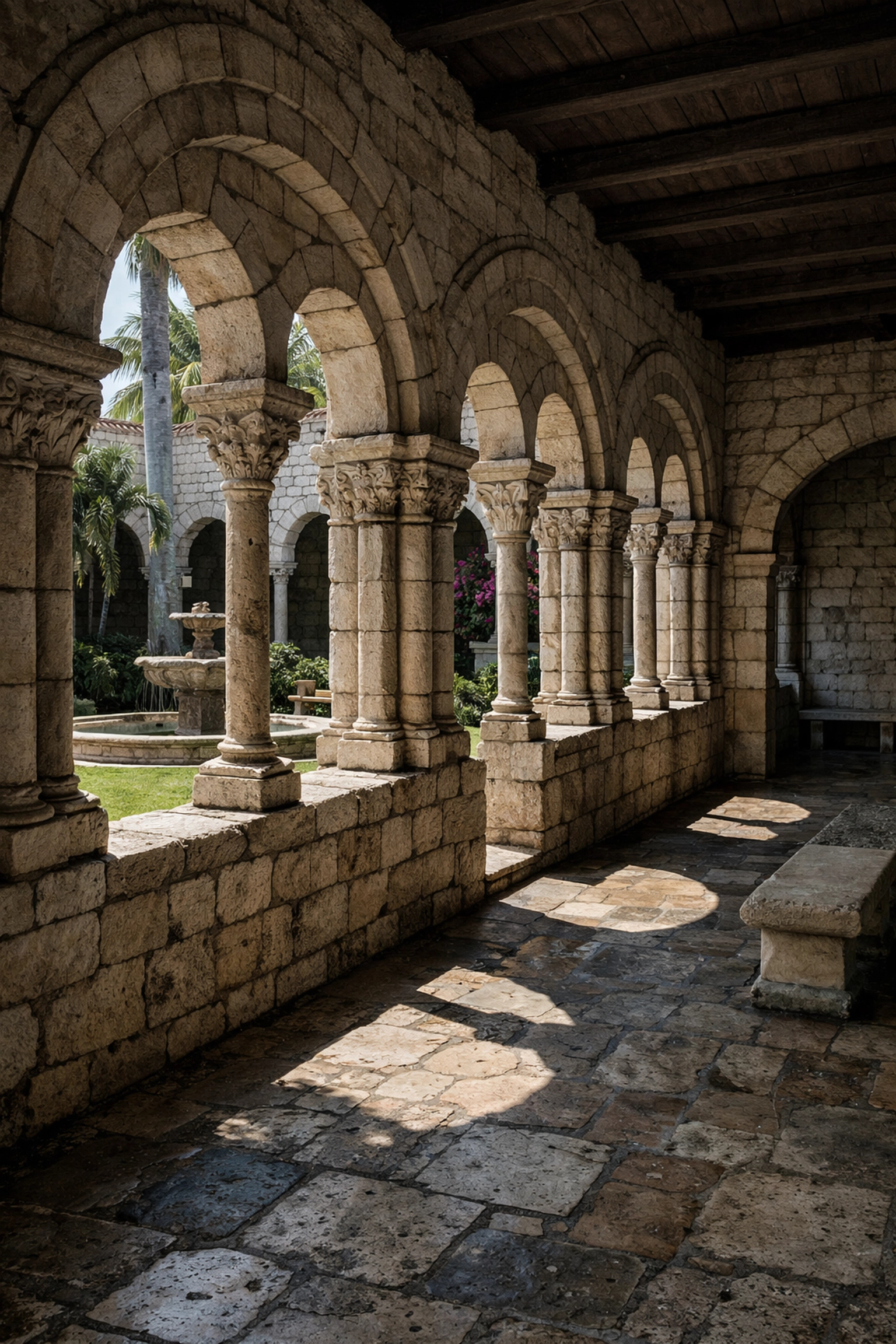 Ancient stone cloisters and architectural arches at the Spanish Monastery, a unique thing to do in Miami.
