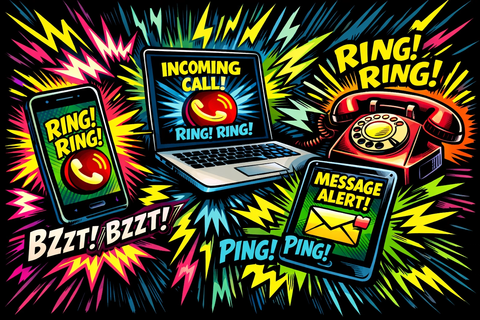 Multiple ringing devices showing IT support request overload before business automation