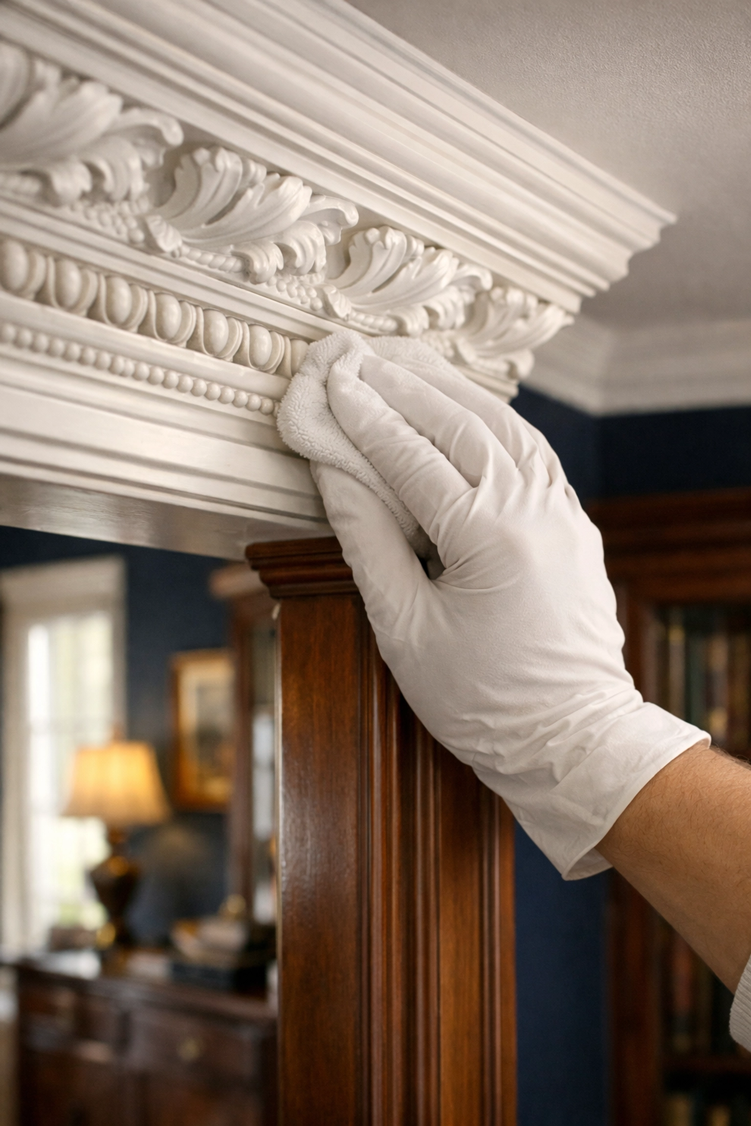 Detailing historic architectural molding during a deep house cleaning Cambridge MA in Harvard Square.