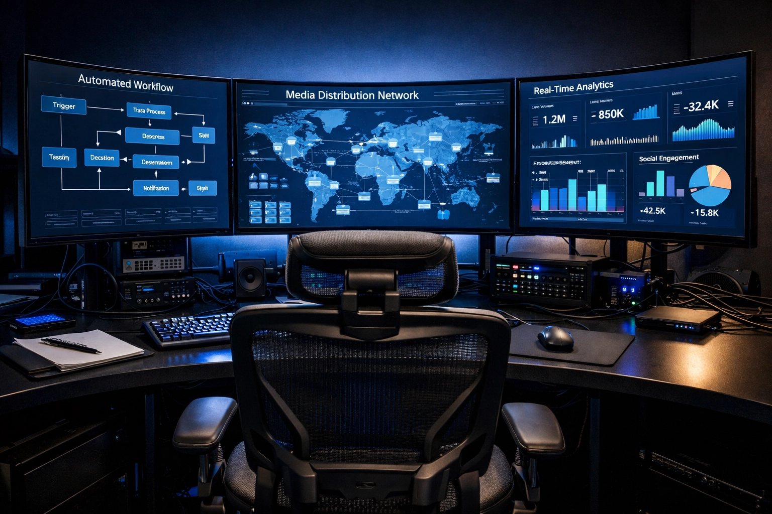 Automated press release distribution workflow displayed on multiple monitors with real-time metrics