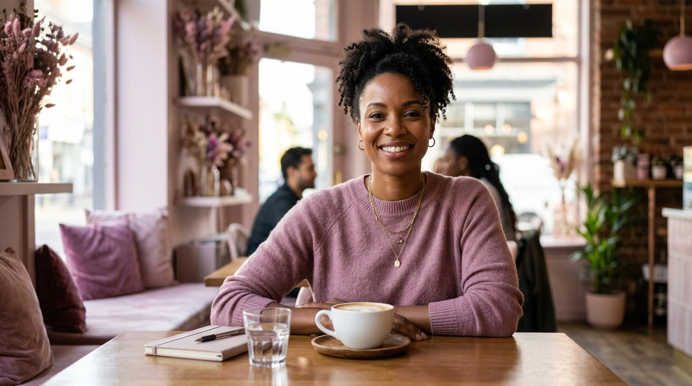 A diverse ambitious woman smiles confidently in a chic café, embodying elegant resilience and self-belief.