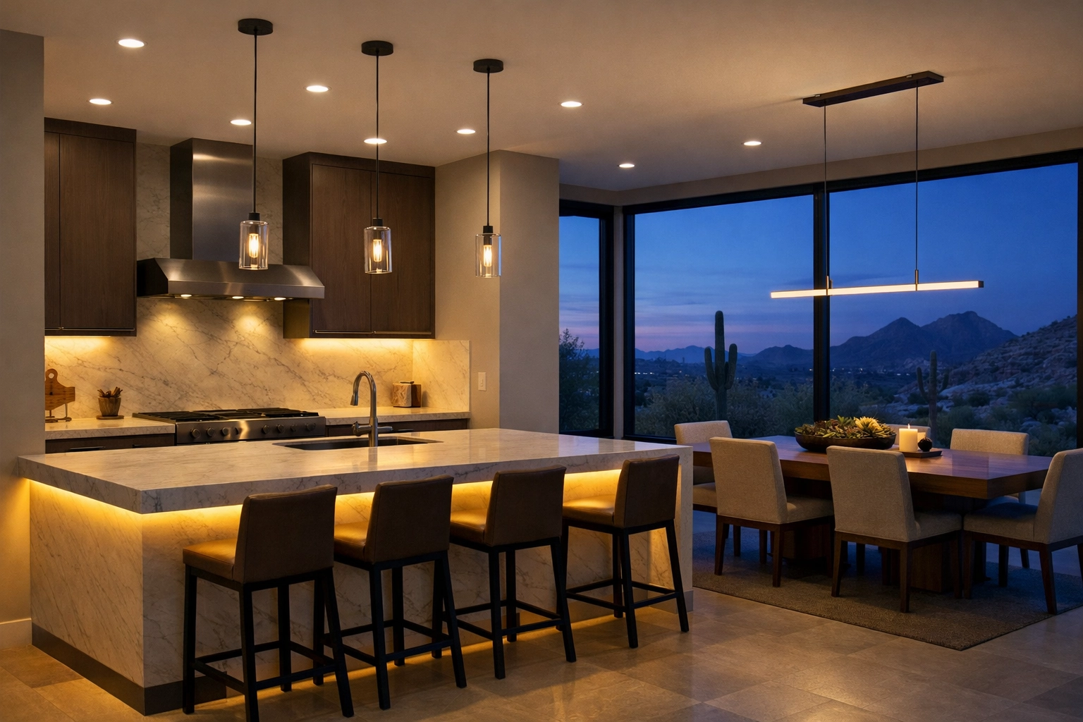 Bespoke kitchen featuring layered smart lighting and warm LED under-cabinet strips at twilight.