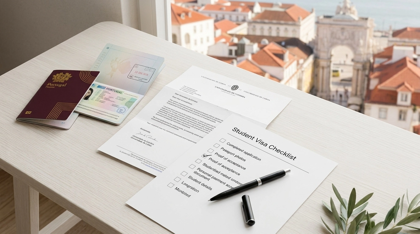 Checklist profissional com passaporte e carta de aceitação de universidade portuguesa