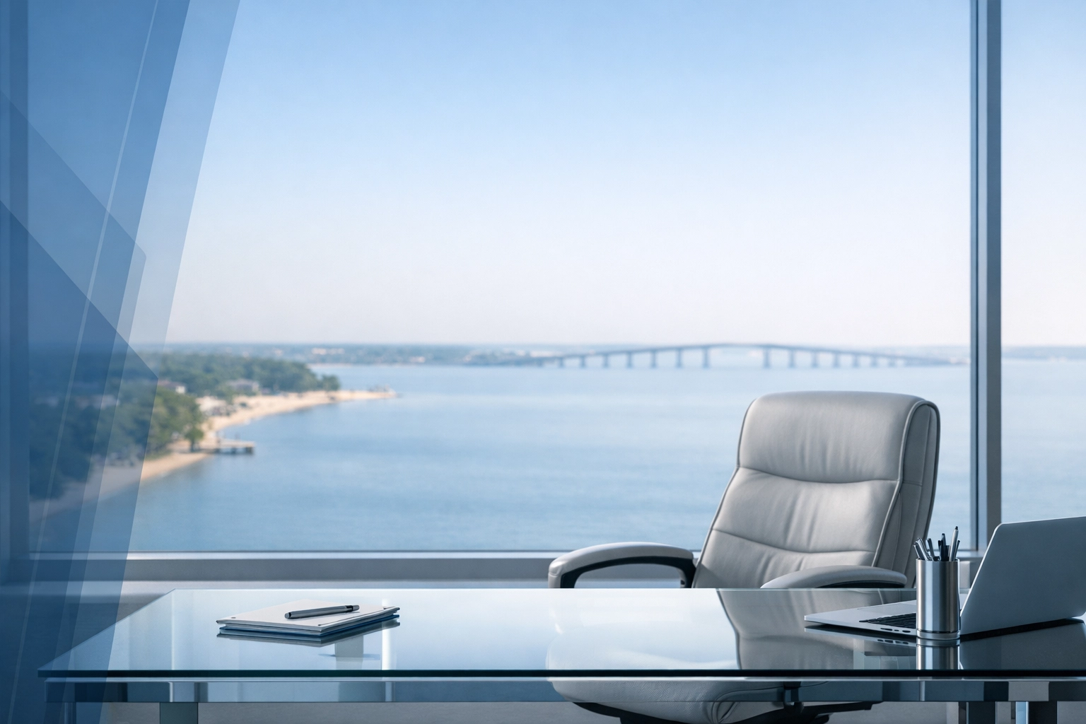 Modern Virginia Beach law office with a view of the coast, offering professional divorce representation.