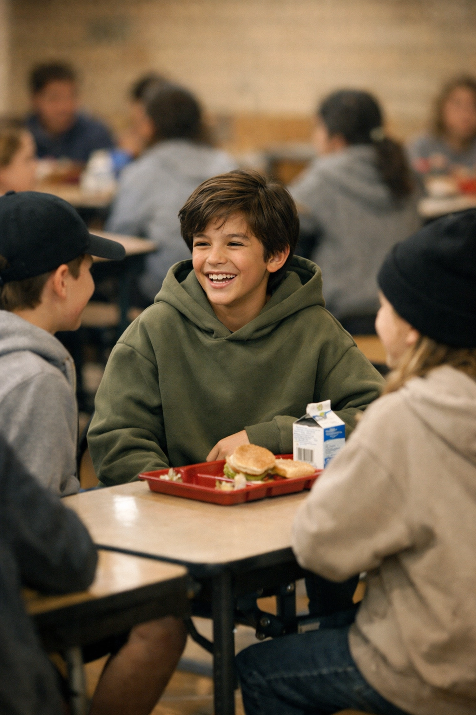 Pre-teen wearing weighted hoodie blending in naturally with peers at school cafeteria