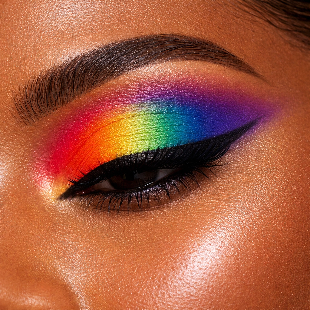 Rainbow eyeshadow gradient on eye showing color placement from lash line to crease