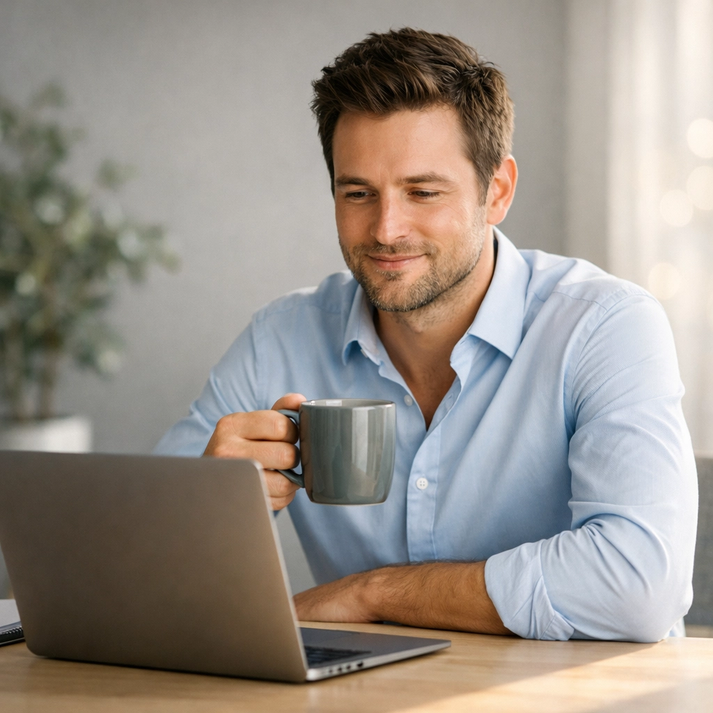 A Canadian professional in a bright home office comparing installment loans on a laptop.