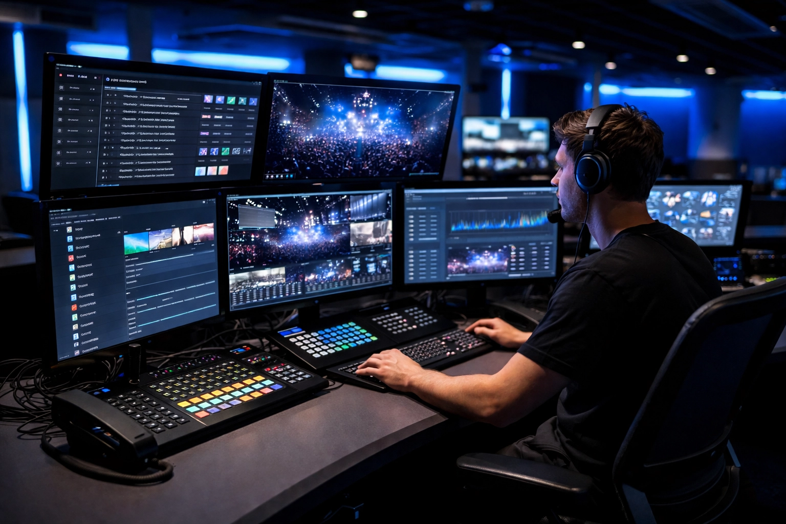 Venue technician managing digital signage and live event feeds in a modern control room with multiple monitors