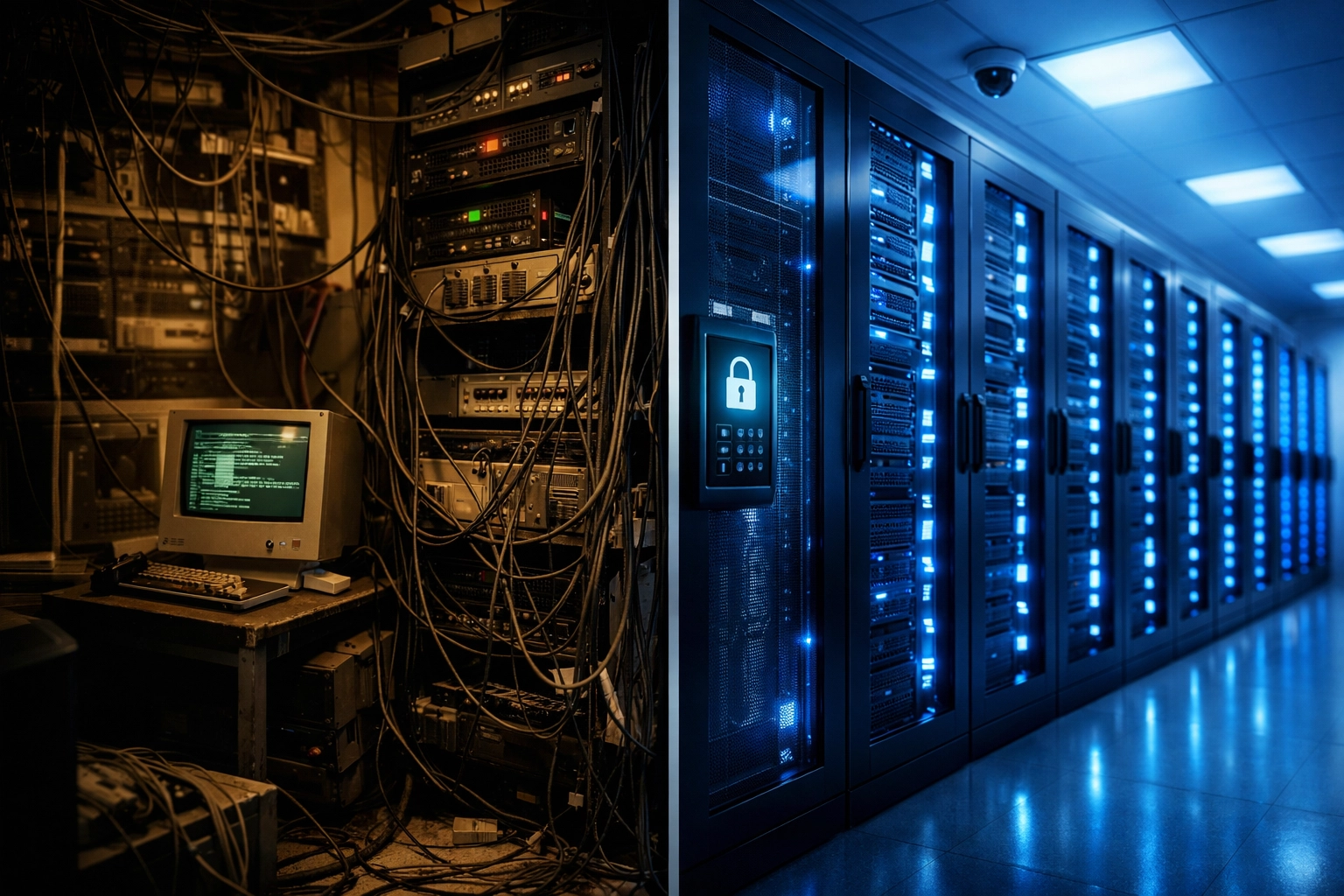 Comparison of insecure offshore server room versus secure USA-based data center
