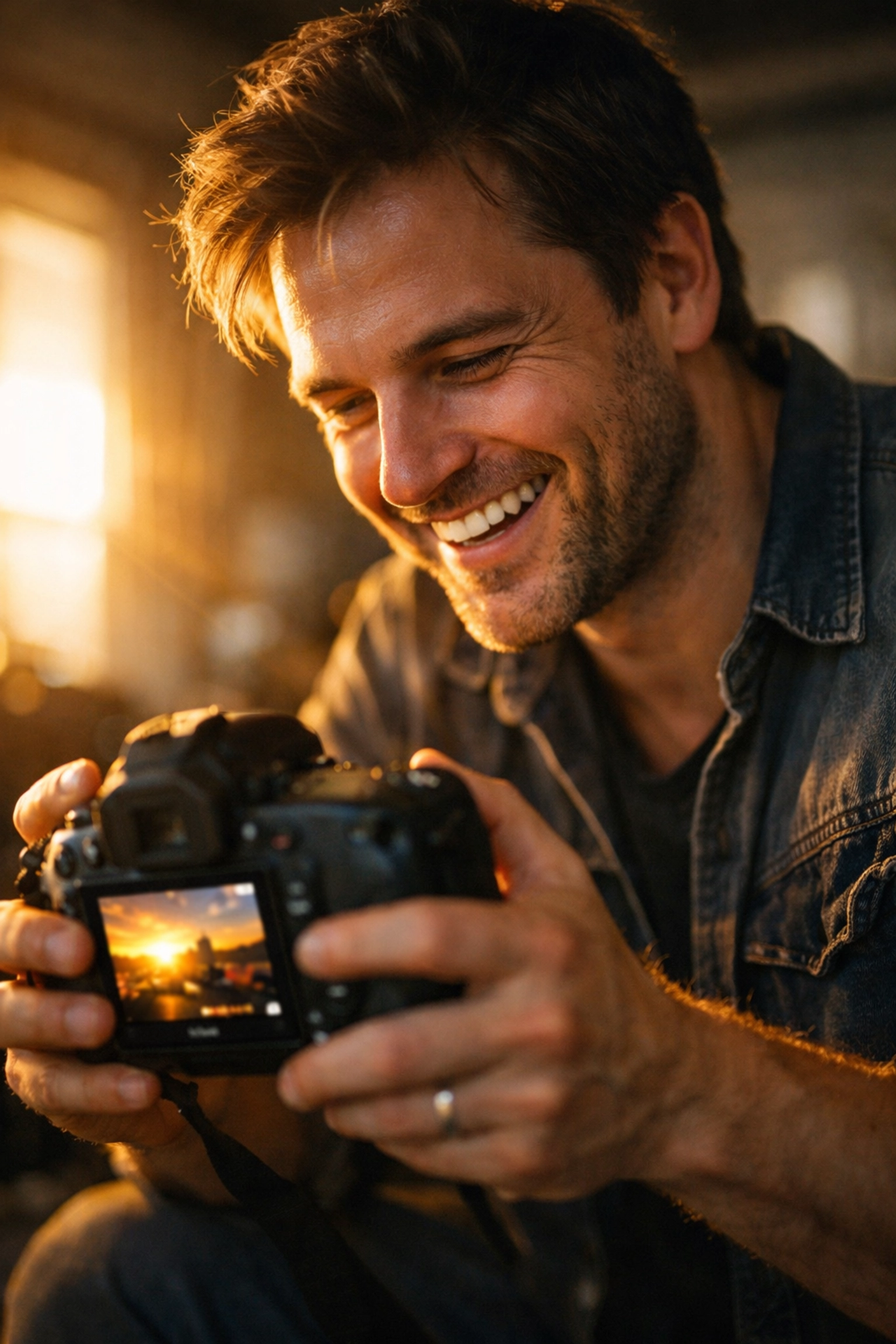 Photographer reviewing images on camera screen showing satisfaction with improved photography skills