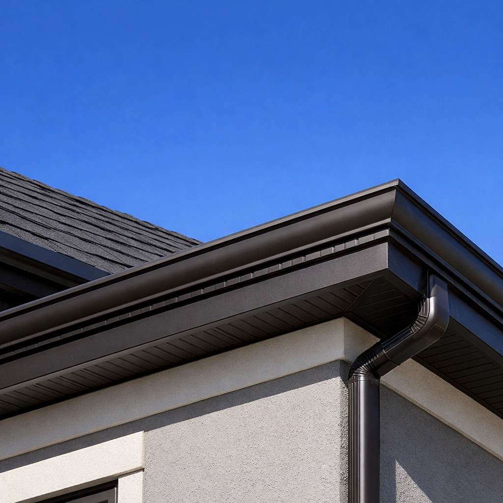 Discreet permanent lighting track seamlessly installed and color-matched to a home's roofline.