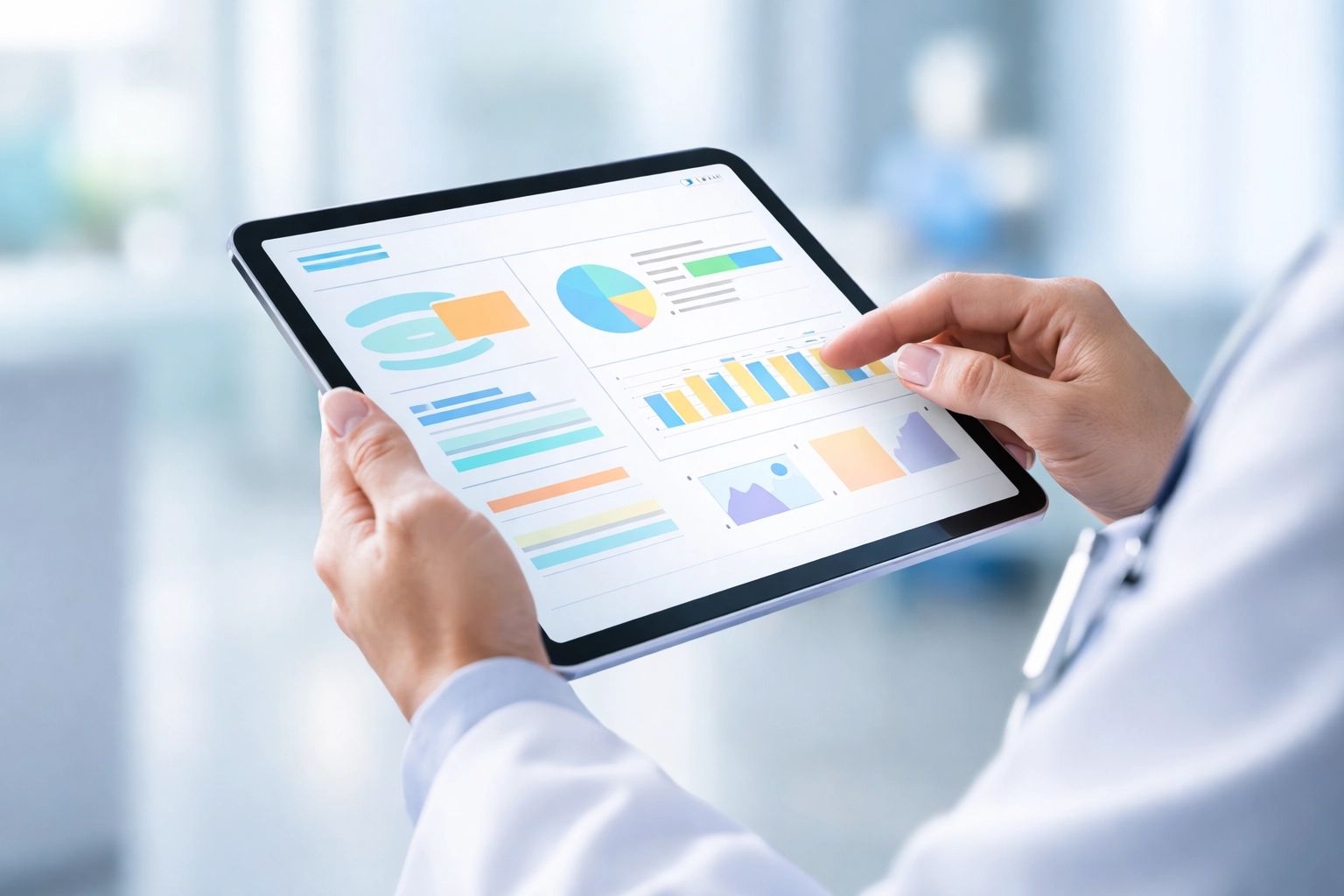Clinician's hands holding a tablet with a medical dashboard, highlighting clinical documentation improvement