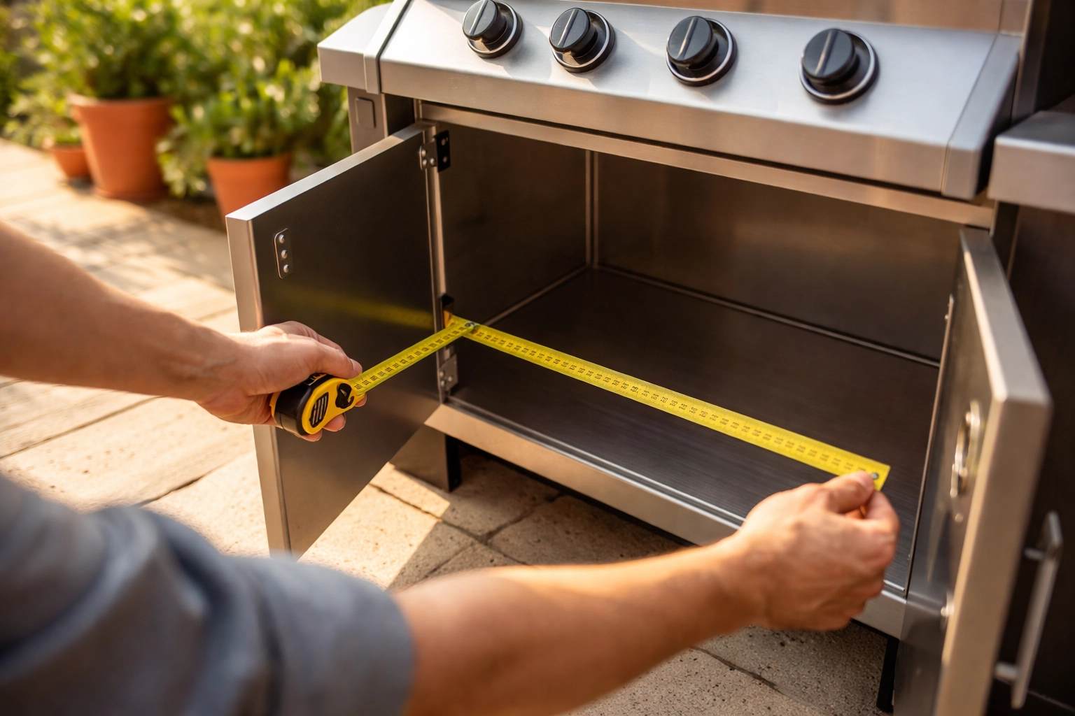 Measuring under-barbecue cabinet space with a tape measure to choose the right BBQ gas bottle size.