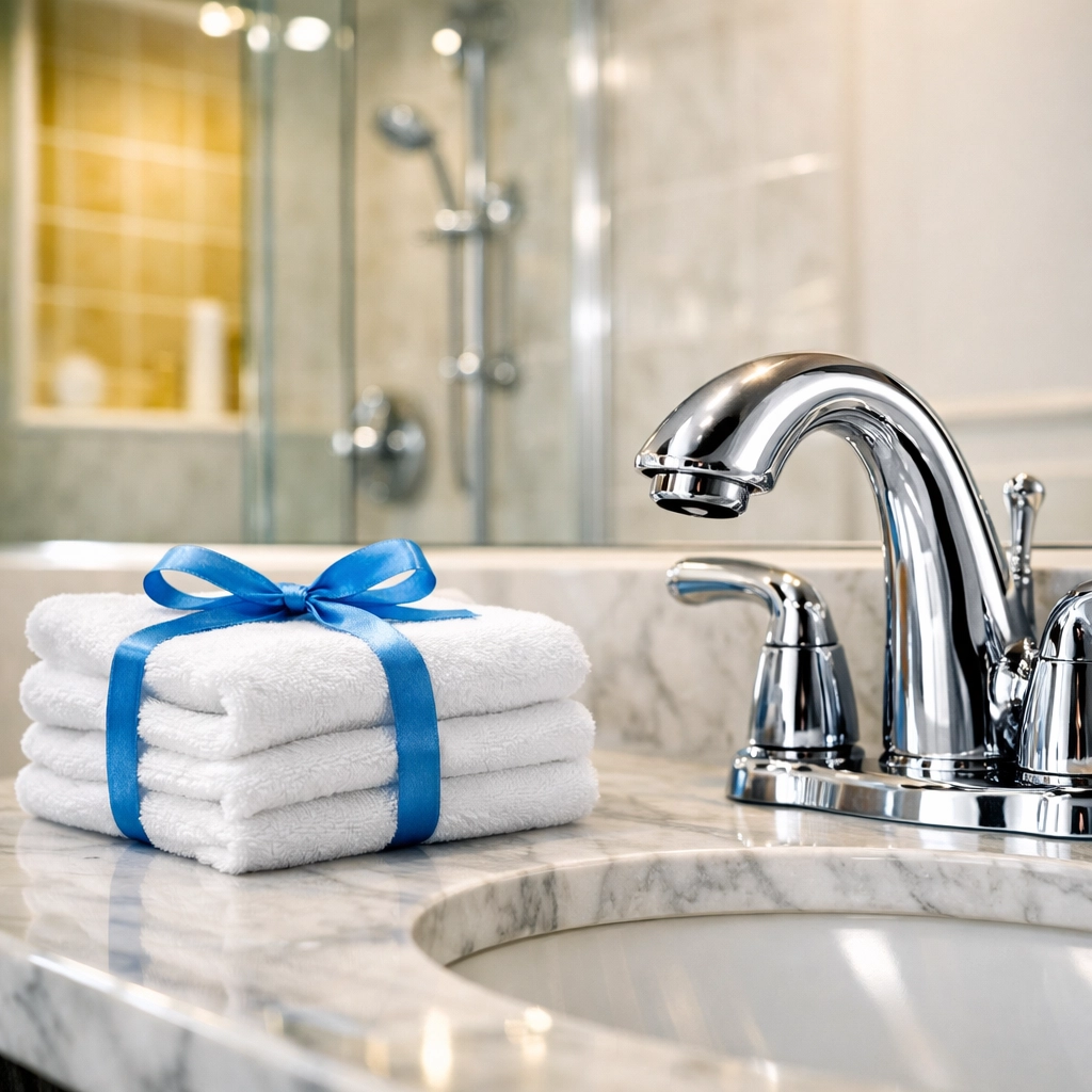 Pristine marble bathroom vanity highlighting the meticulous detail of professional House Cleaning Pepperell MA.