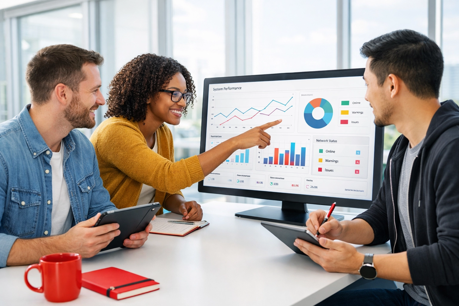 Healthcare IT professionals collaborating on platform modernization dashboard