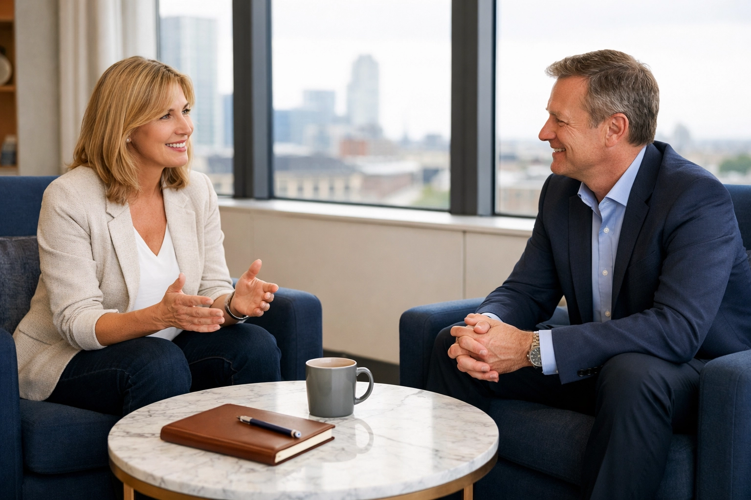 Business owner and HR consultant meeting in a modern office to resolve workplace grievances with a human touch.