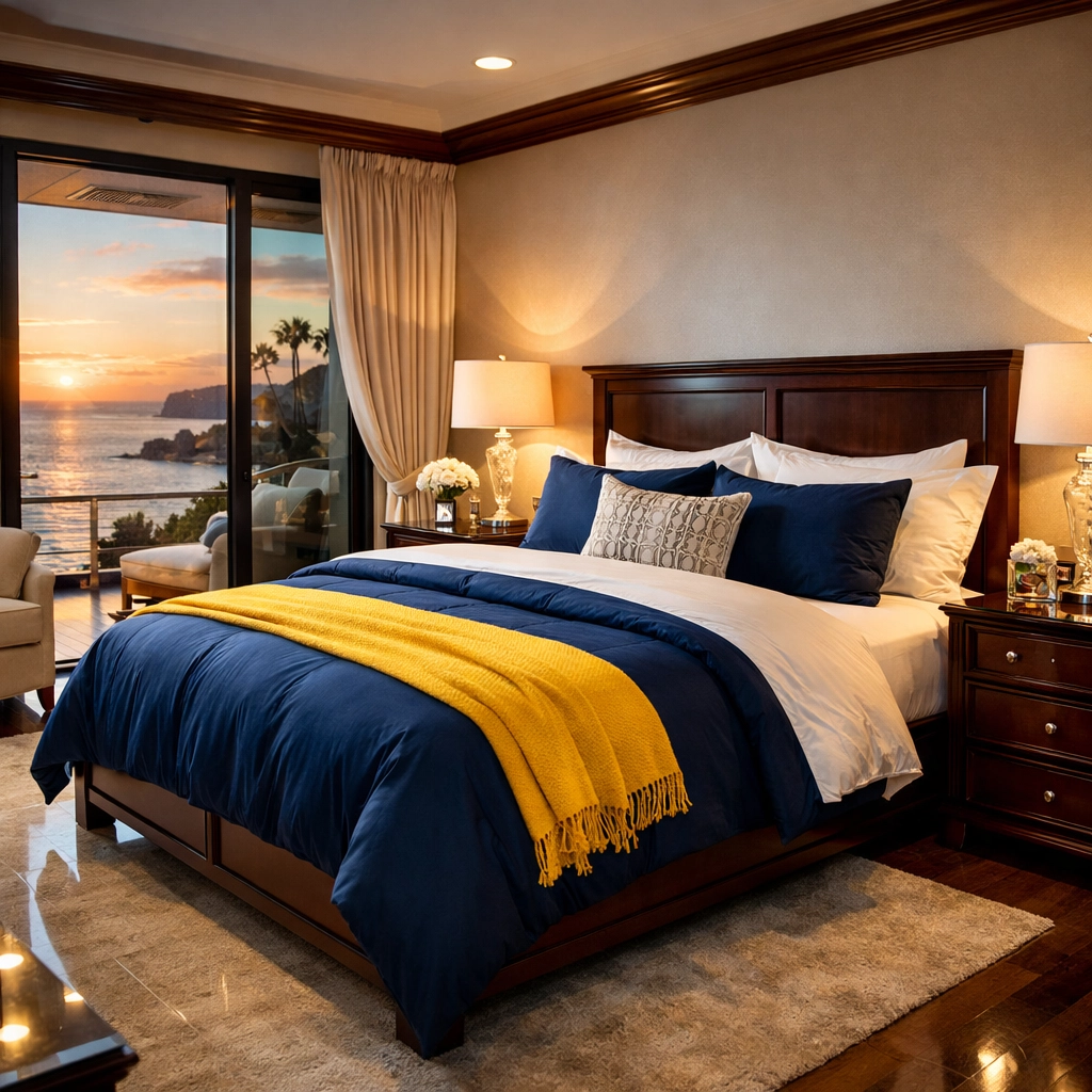 Immaculate master bedroom in Rockport featuring crisp linens and a luxury coastal aesthetic.